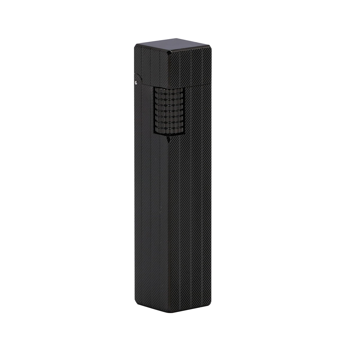 Thorens rectangular lighter with black diagonal pattern shown with the lid down, highlighting the slim body, textured surface pattern, and side ignition wheel.