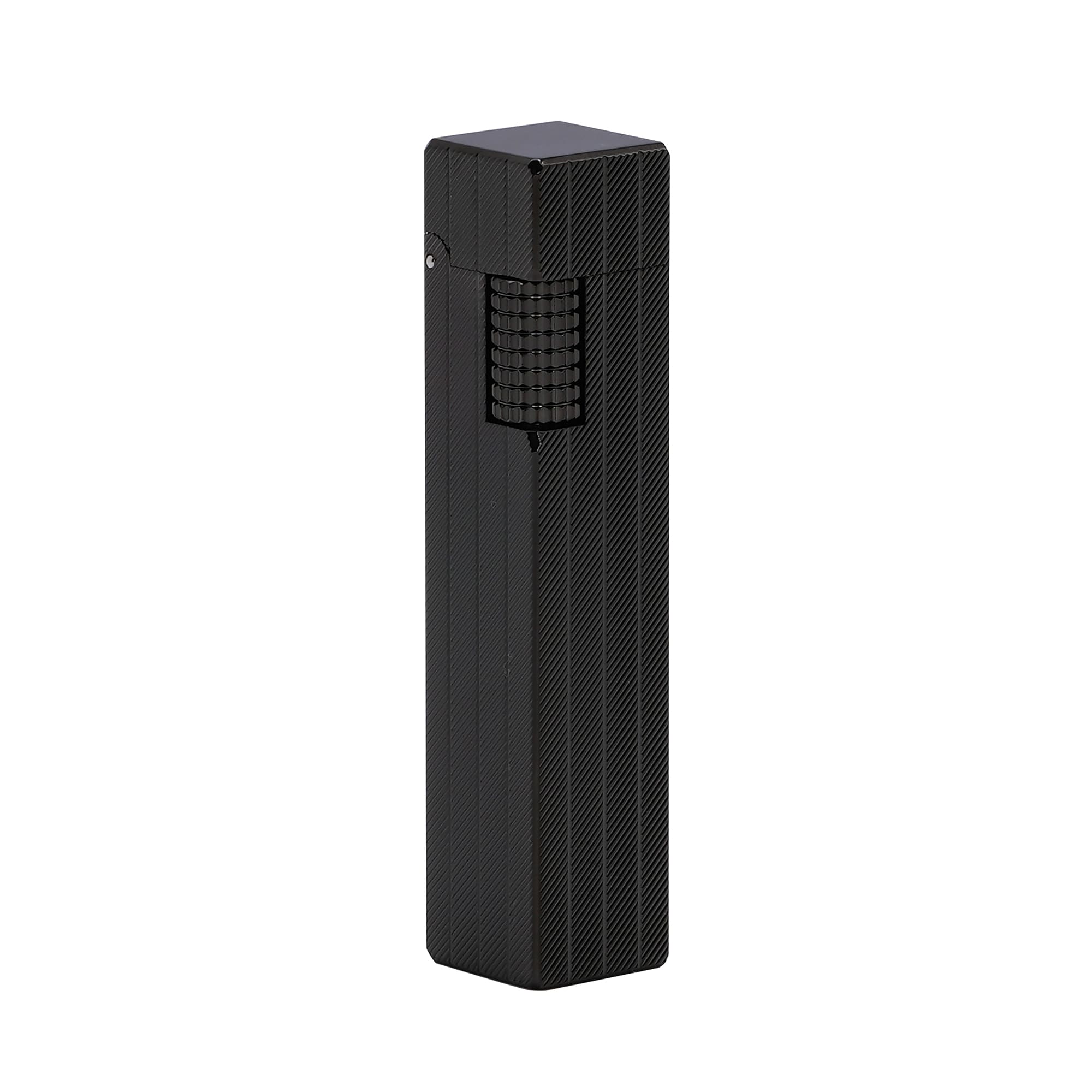 Thorens rectangular lighter with black diagonal pattern shown with the lid down, highlighting the slim body, textured surface pattern, and side ignition wheel.