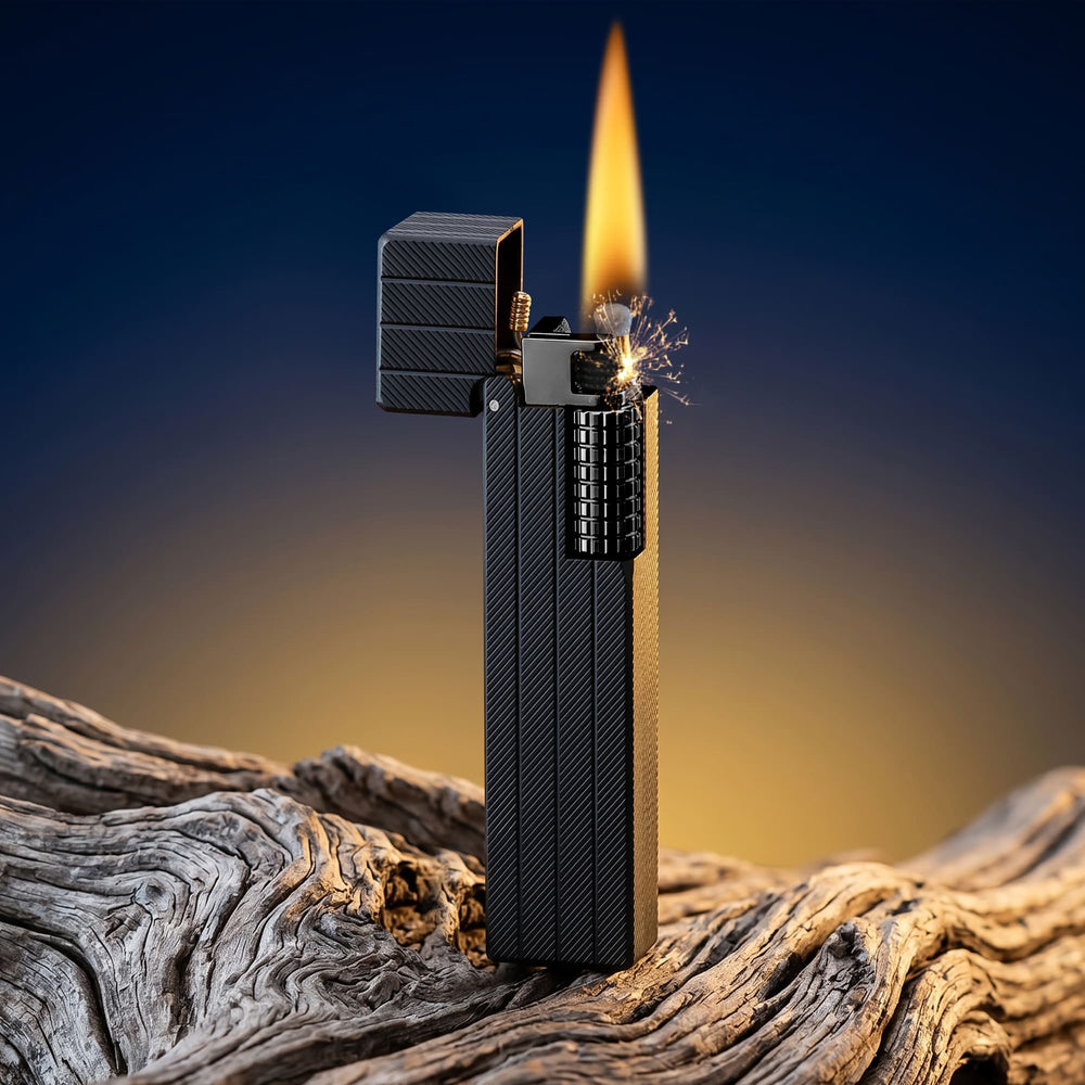 Thorens rectangular lighter with black diagonal pattern shown open and ignited, highlighting flame, spark, side ignition wheel, and textured surface.