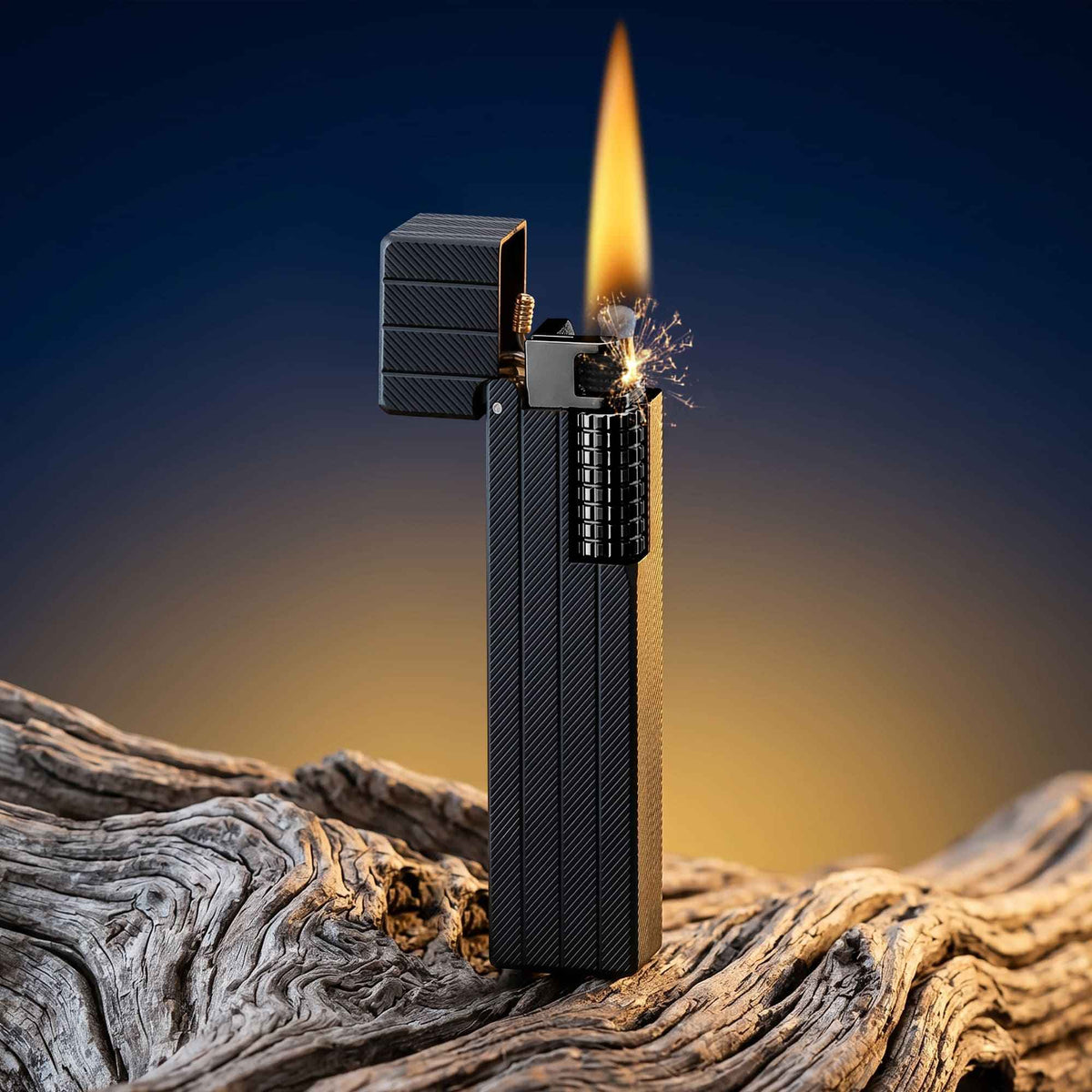 Thorens rectangular lighter with black diagonal pattern shown open and ignited, highlighting flame, spark, side ignition wheel, and textured surface.