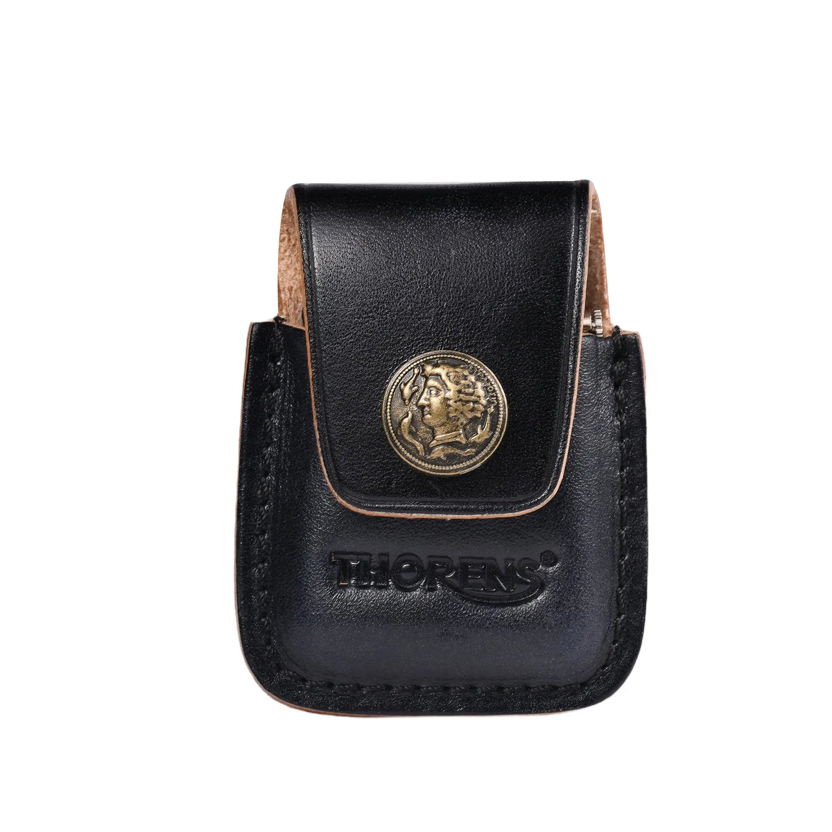 A closed Thorens heritage black leather pouch featuring a debossed logo and an antique brass coin medallion with a classic profile, designed for EDC lighter protection.