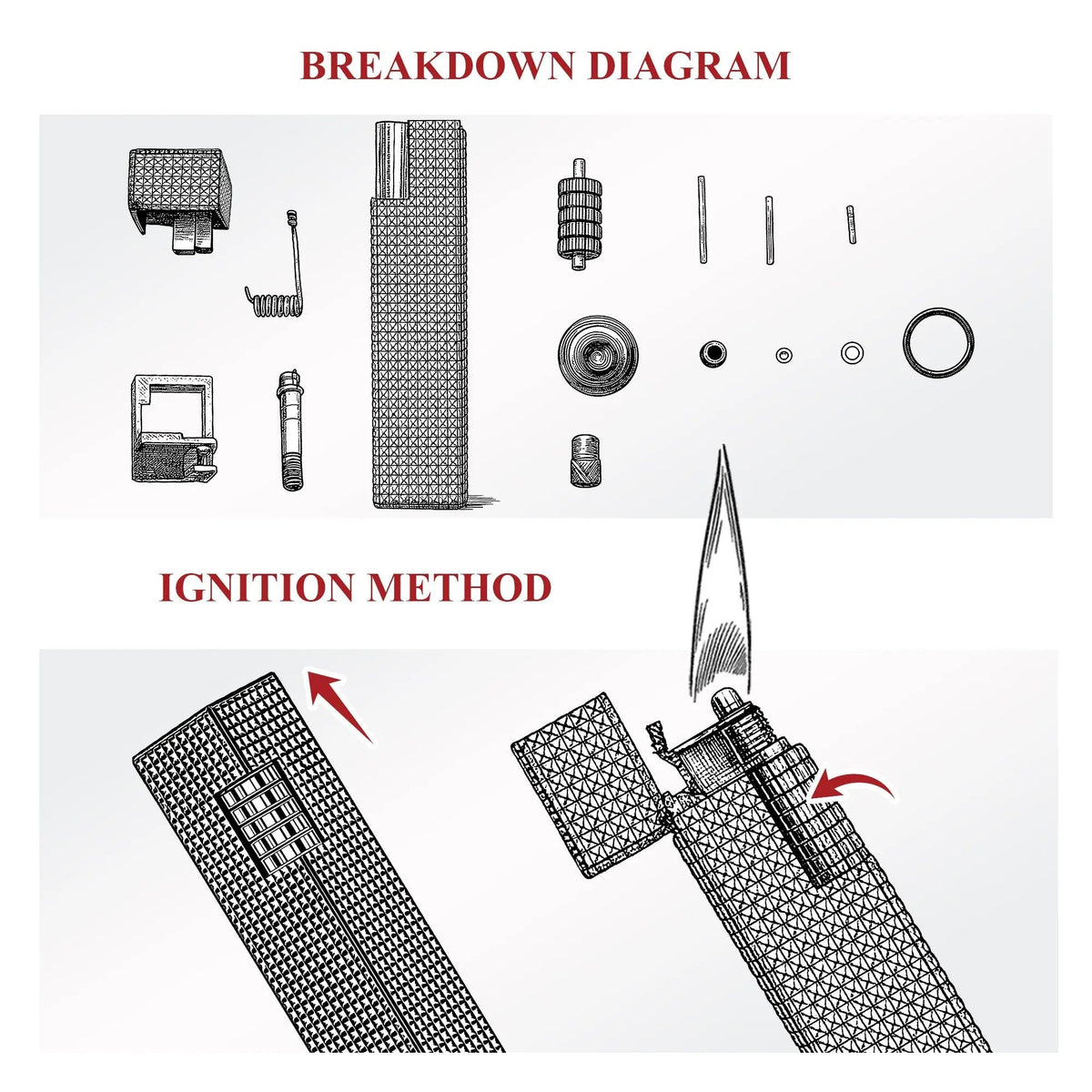 Breakdown diagram and ignition method graphic for a black small square textured Thorens side-slip rectangular lighter, showing internal parts and side-slide opening action