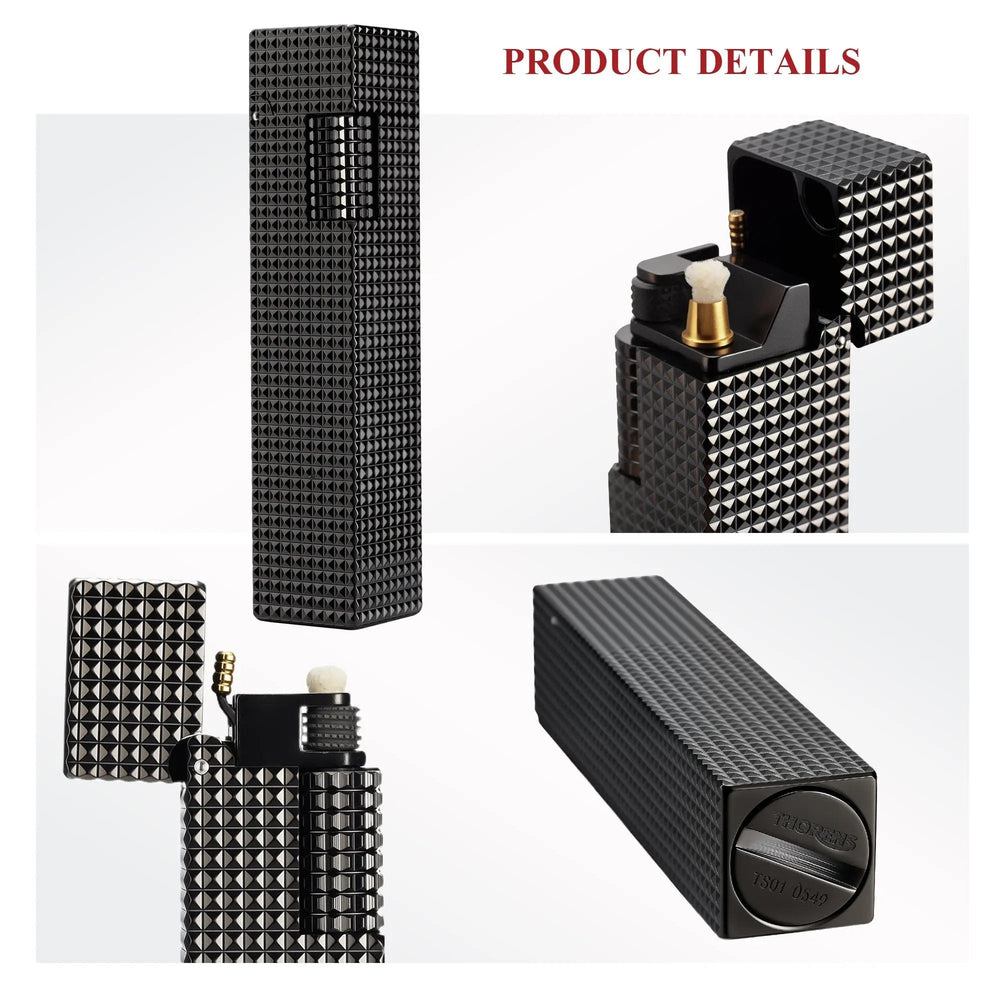 Product details collage of a black small square textured Thorens side-slip rectangular lighter showing full body view, open ignition structure, and base engraving