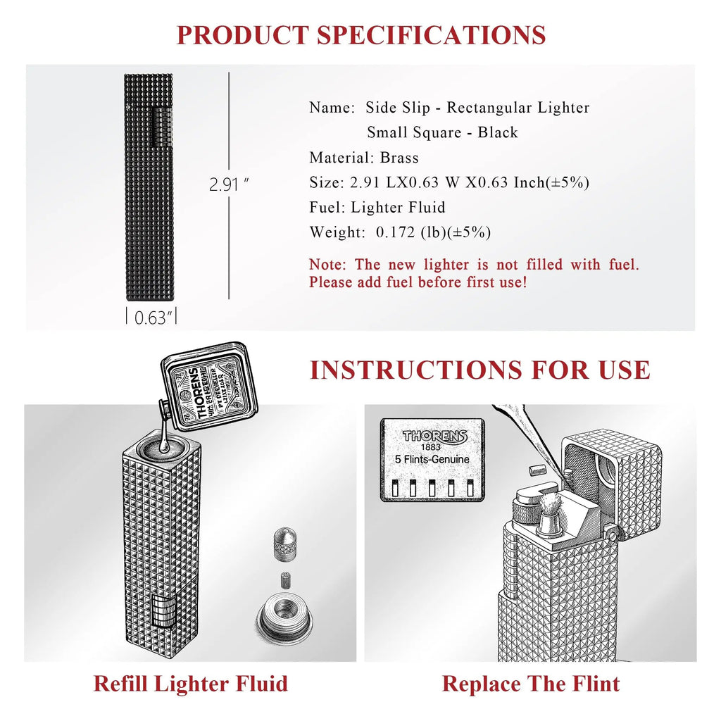 Product specifications and instructions for use graphic for a black small square textured Thorens side-slip rectangular lighter, including size, brass material, lighter fluid refill, and flint replacement steps