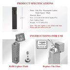 Product specifications and instructions for use graphic for a black small square textured Thorens side-slip rectangular lighter, including size, brass material, lighter fluid refill, and flint replacement steps