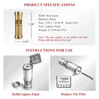 A technical product infographic for the Thorens "Blaze Capsule" lighter. The top section lists specifications: 2.98" height, brass material, and 0.1334 lb weight. The bottom section features instructional line-art diagrams showing how to unscrew the cap to refill lighter fluid and how to replace the flint via the bottom spring mechanism.