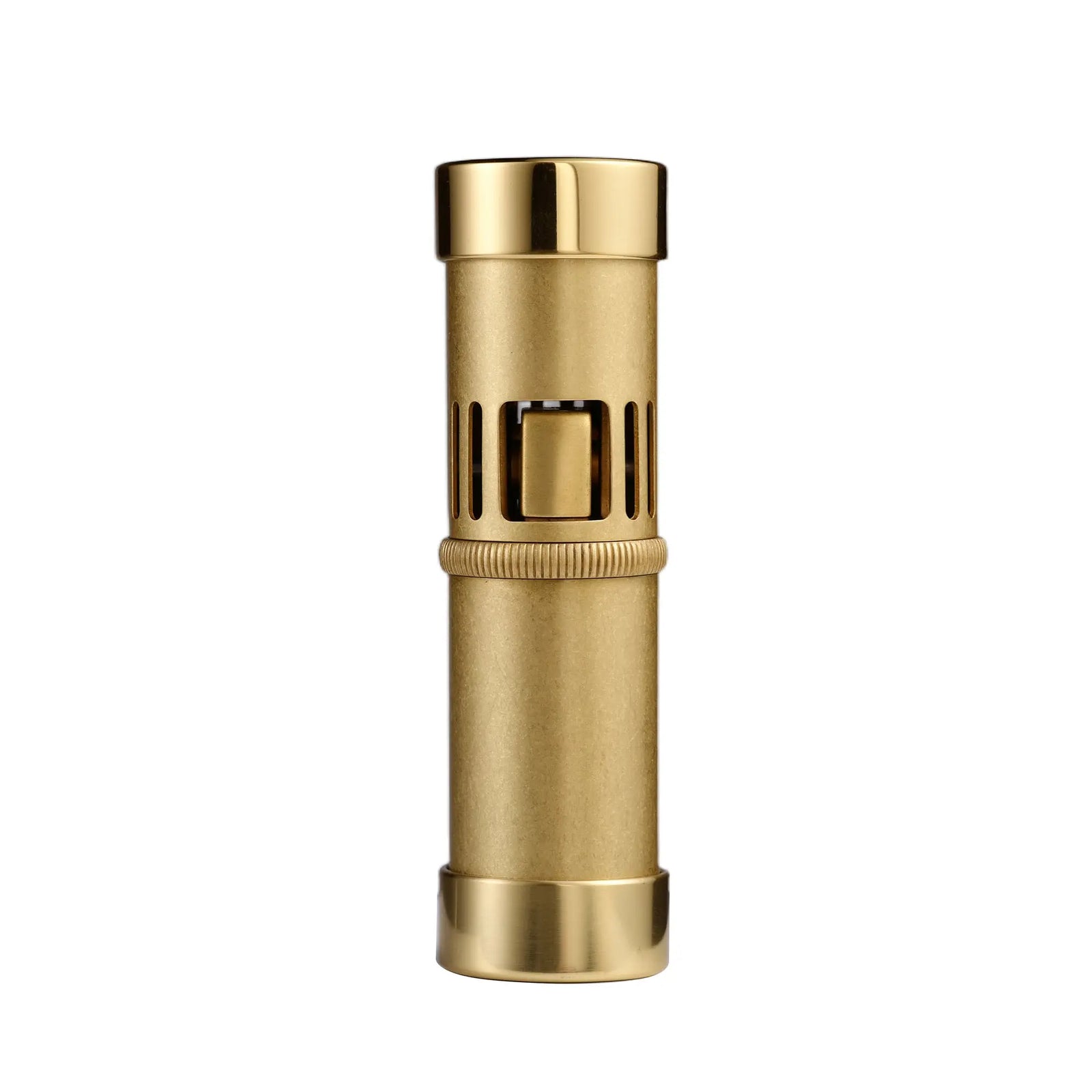 A studio shot of the Thorens Blaze Capsule lighter in vintage brass, showcasing its cylindrical body, polished end caps, and central knurled grip ring against a white background.