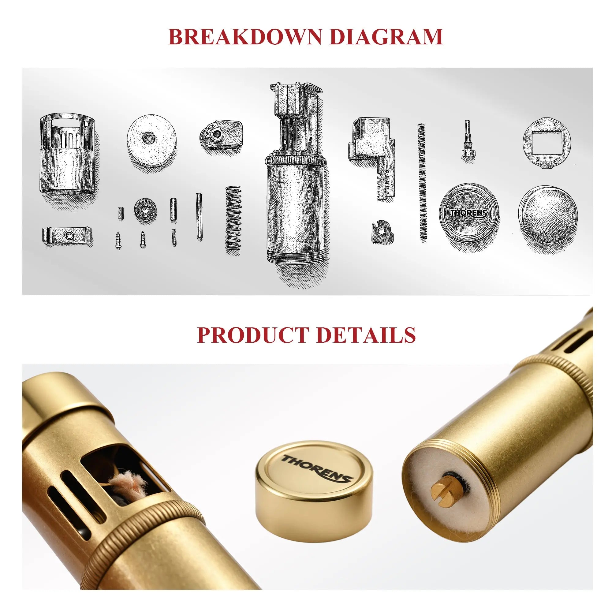 A detailed technical diagram of the Thorens Blaze Capsule lighter in vintage brass, illustrating the internal assembly, spring mechanism, and flint replacement process.