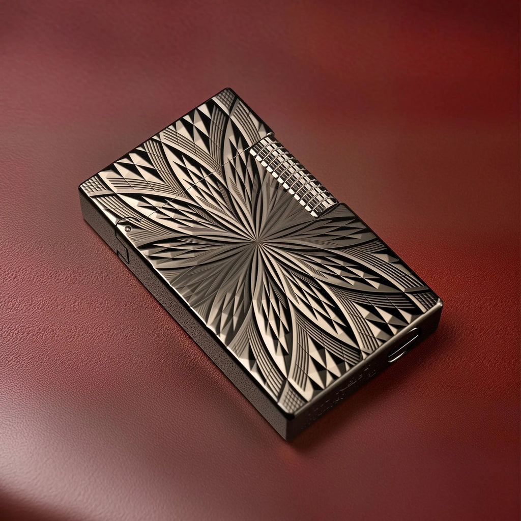 A Thorens Blooming Radiance black lighter with a geometric floral engraving, resting on a red leather surface to highlight its mechanical precision and brass craftsmanship.