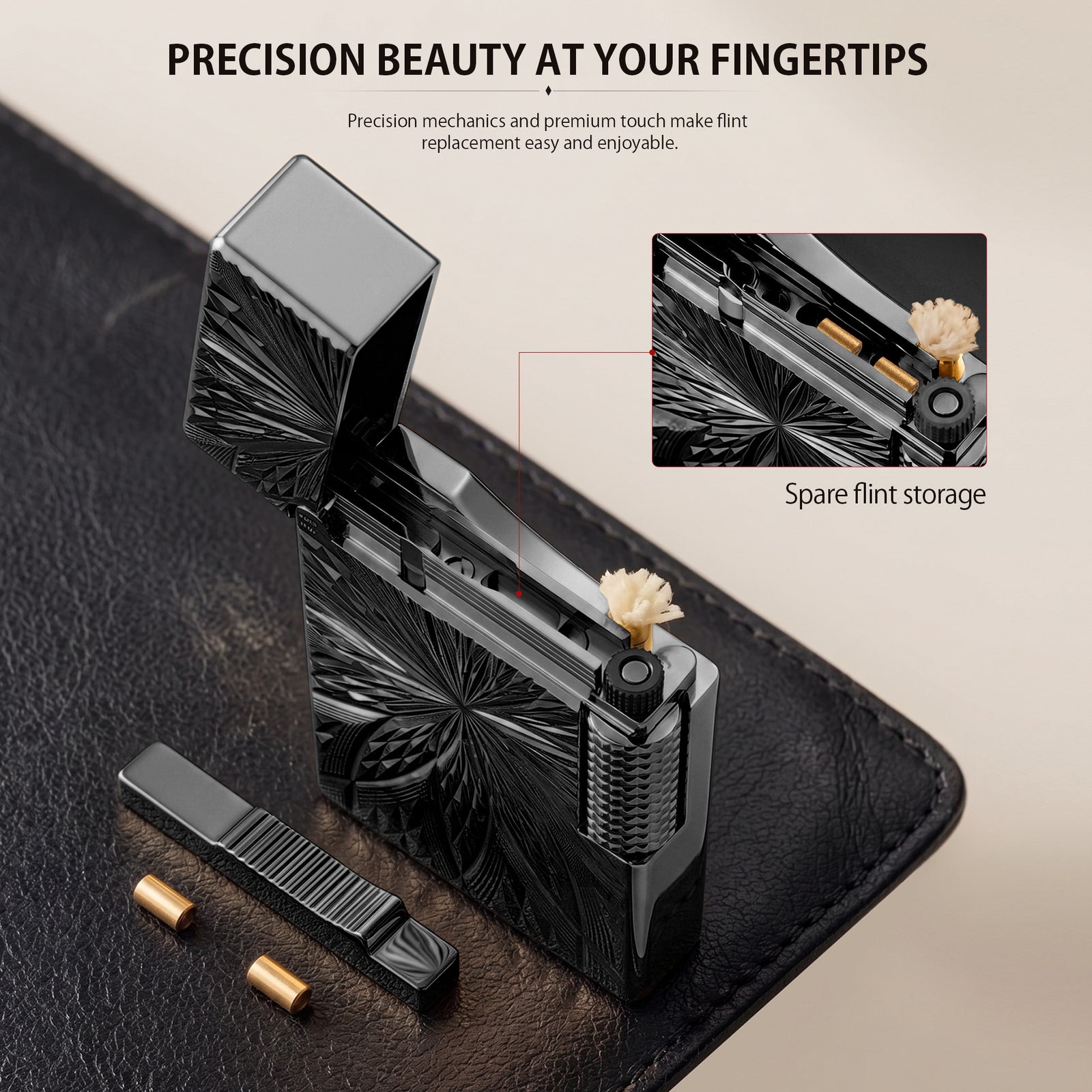 A front-facing view of the Blooming Radiance black lighter, featuring a symmetrical sunburst floral engraving on a polished dark brass body with a side roller.