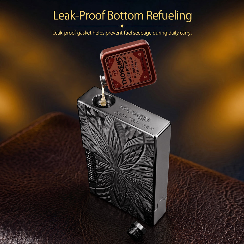 An ignited view of the Thorens Blooming Radiance black brass lighter with its open lid, showing a steady flame and spark, resting on a leather surface.