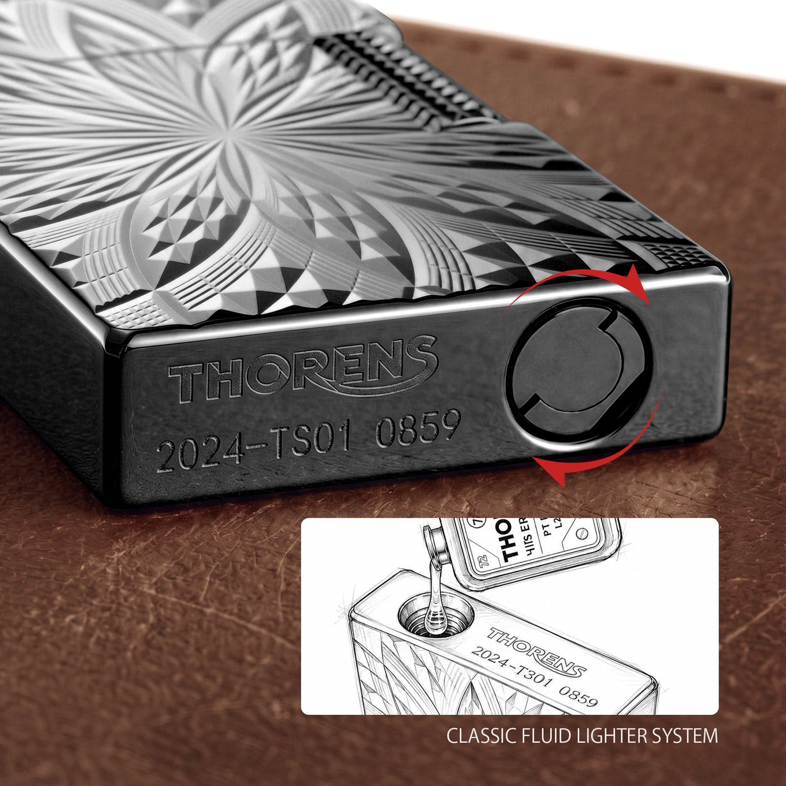 An ignited view of the Thorens Blooming Radiance black brass lighter with its open lid, showing a steady flame and spark, resting on a leather surface.