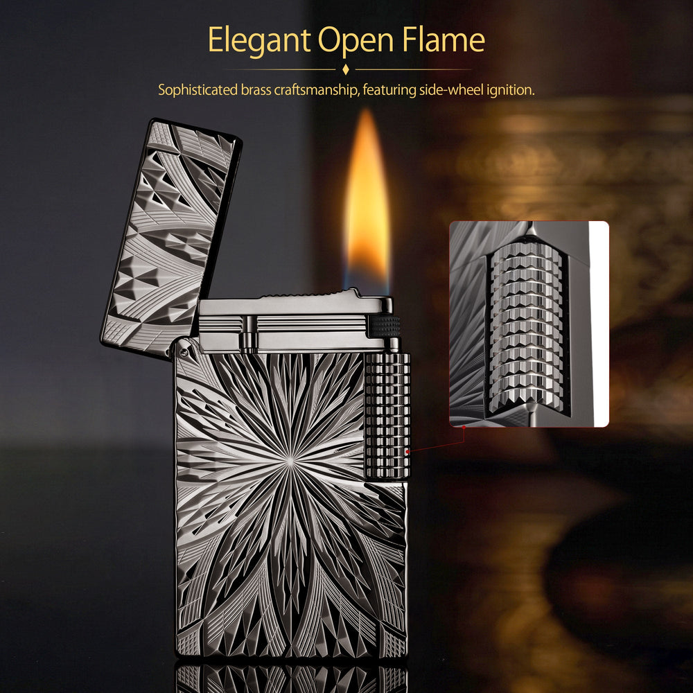 An ignited Blooming Radiance black lighter with an open lid, showing a vibrant flame and mechanical sparks against the dark, floral-engraved brass body.