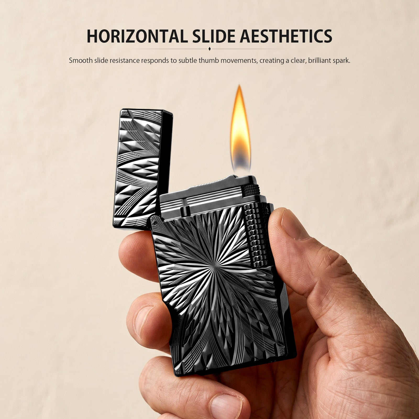 An ignited Blooming Radiance black lighter with an open lid, showing a vibrant flame and mechanical sparks against the dark, floral-engraved brass body.