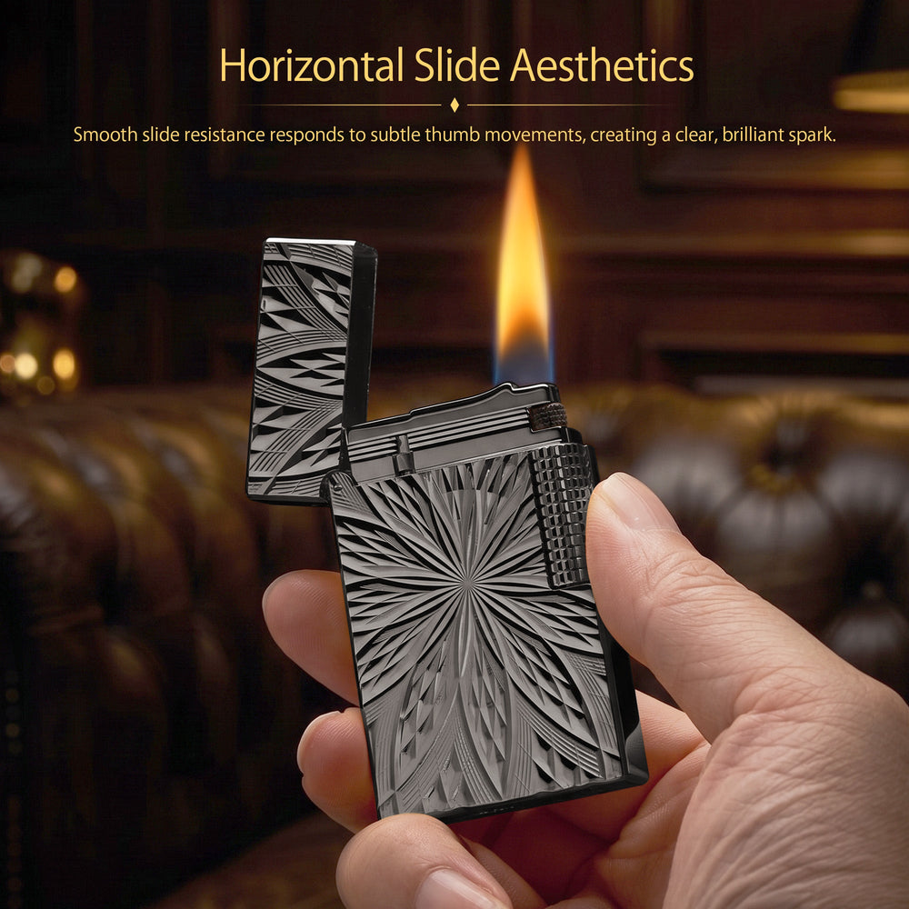 A high-angle shot of the Blooming Radiance black lighter with the lid open, highlighting the internal mechanism and the deep, geometric floral engravings on the brass body.