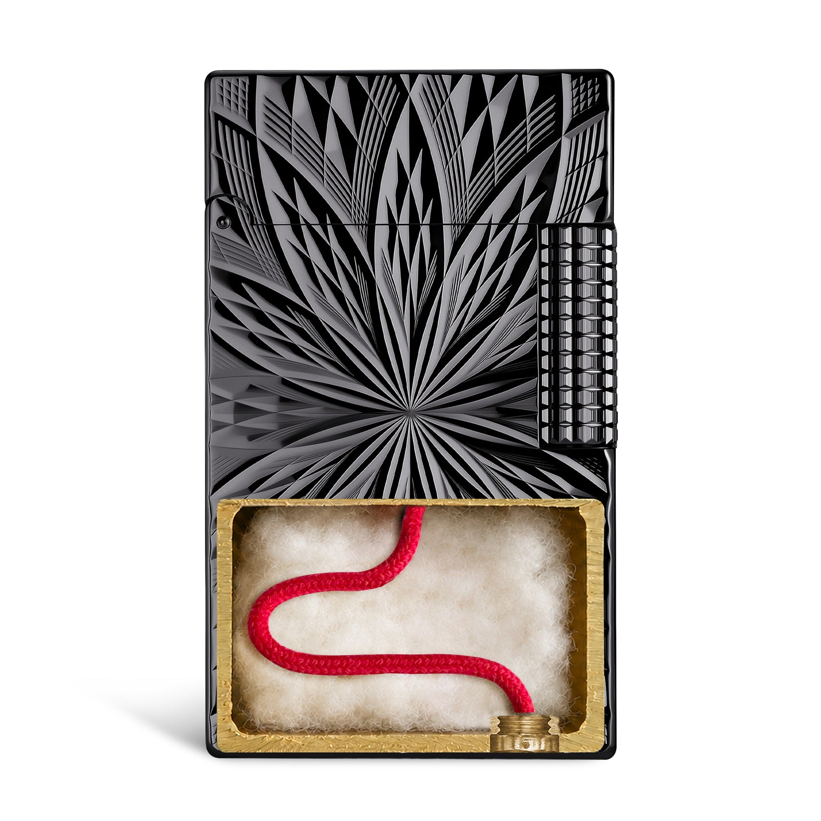 A high-angle shot of the Blooming Radiance black lighter with the lid open, highlighting the internal mechanism and the deep, geometric floral engravings on the brass body.
