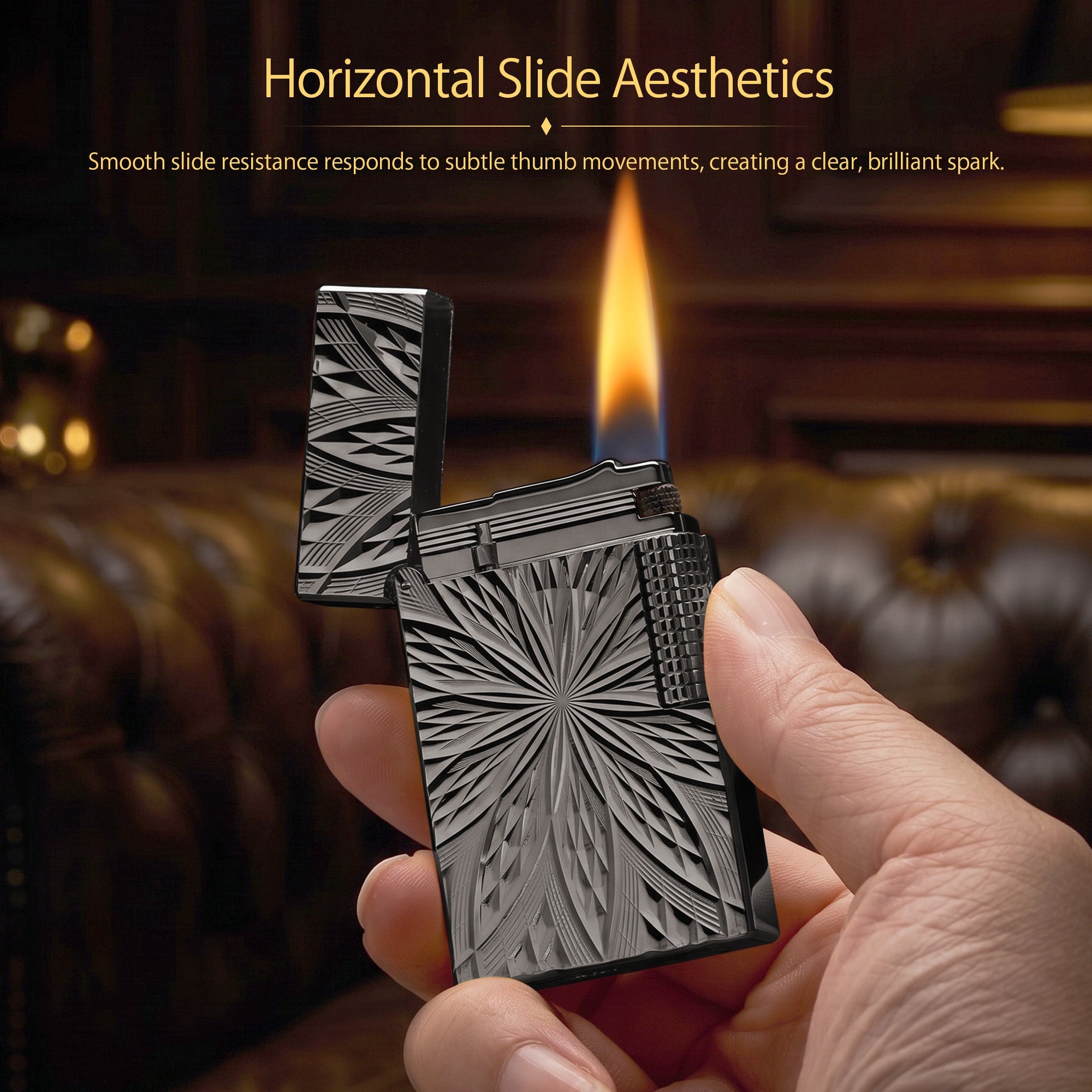 A high-angle shot of the Blooming Radiance black lighter with the lid open, highlighting the internal mechanism and the deep, geometric floral engravings on the brass body.