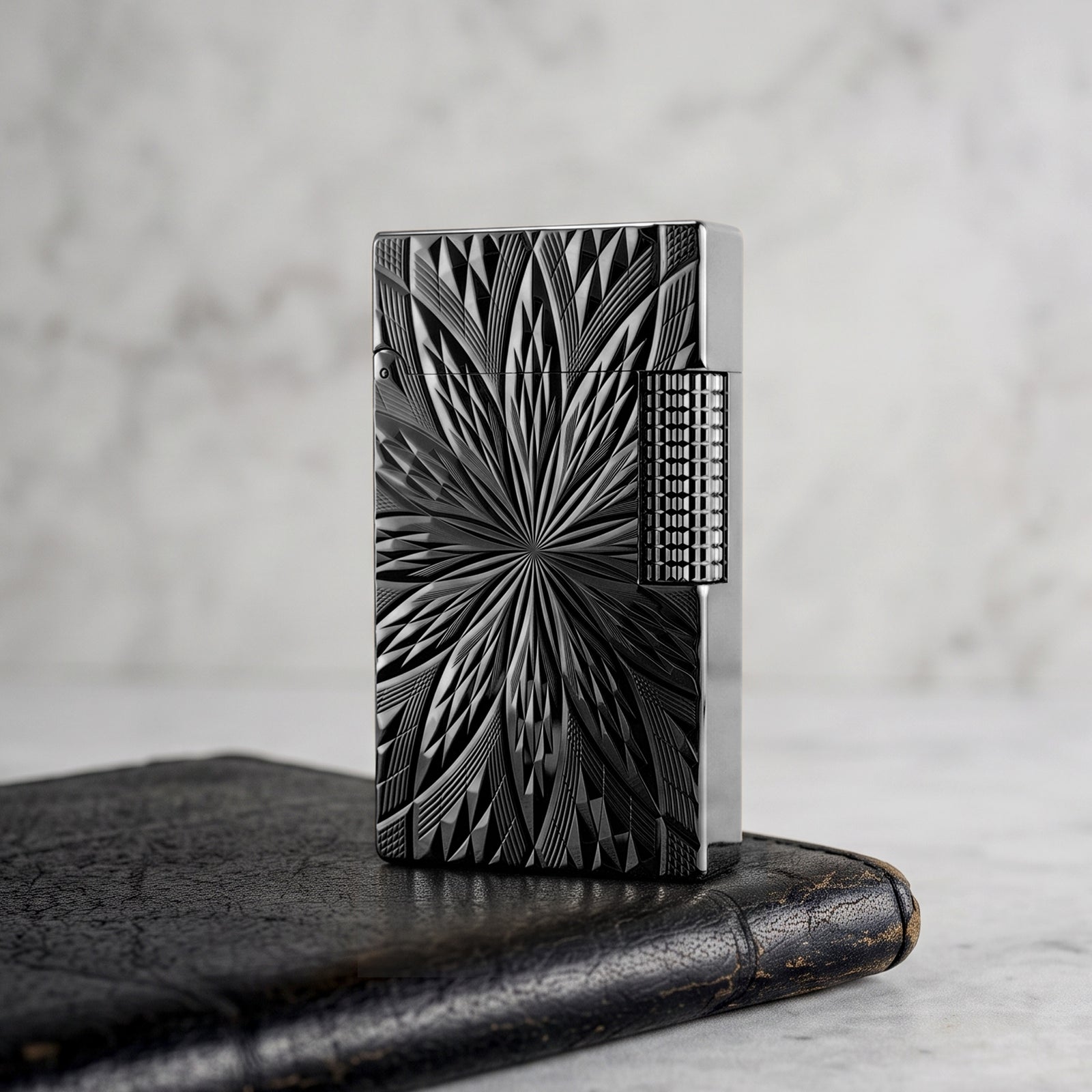 A complete overview of the Blooming Radiance black lighter set, featuring the red Thorens gift box, a pack of genuine flints, spare wicks, and the user manual.