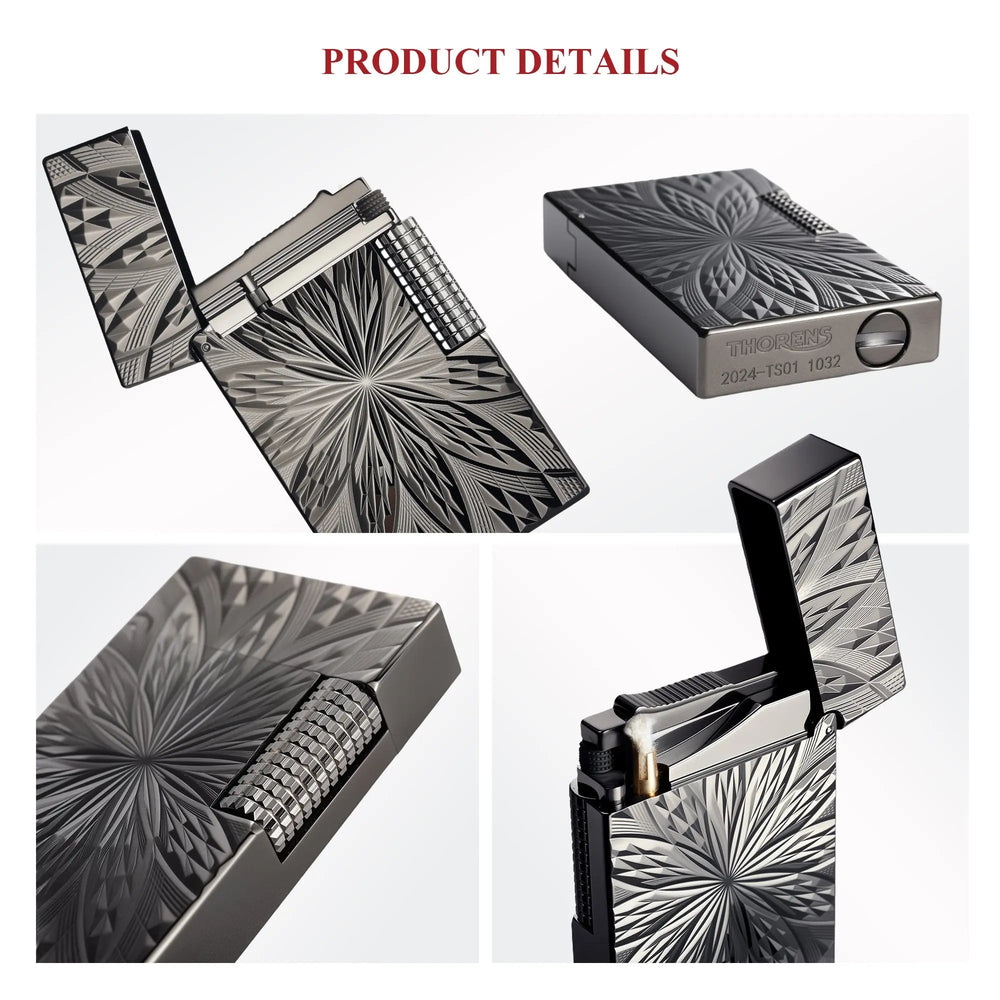 A collage of Thorens lighter detailed close-ups and an ignited view of the Blooming Radiance black brass lighter, showcasing its geometric floral pattern.