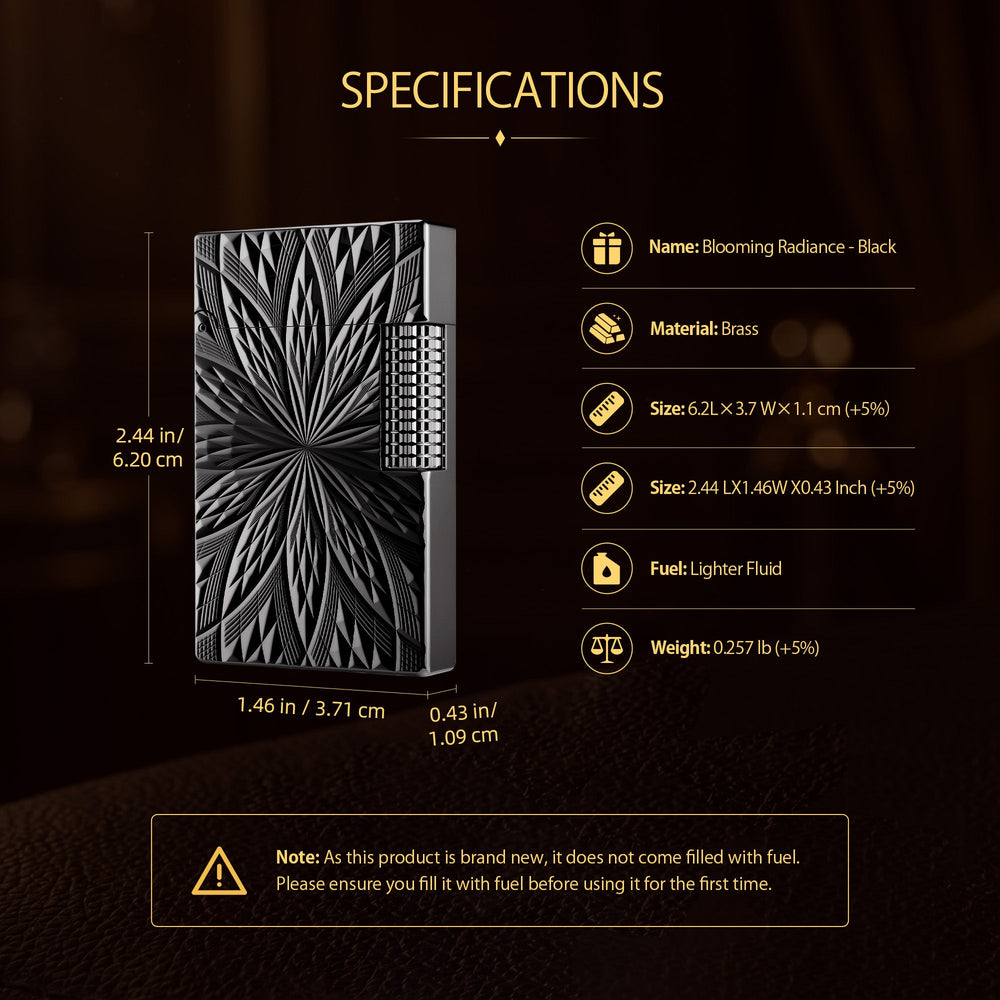 A collage of Thorens lighter detailed close-ups and an ignited view of the Blooming Radiance black brass lighter, showcasing its geometric floral pattern.