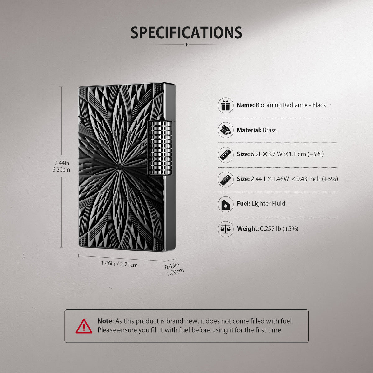 A collage of Thorens lighter detailed close-ups and an ignited view of the Blooming Radiance black brass lighter, showcasing its geometric floral pattern.