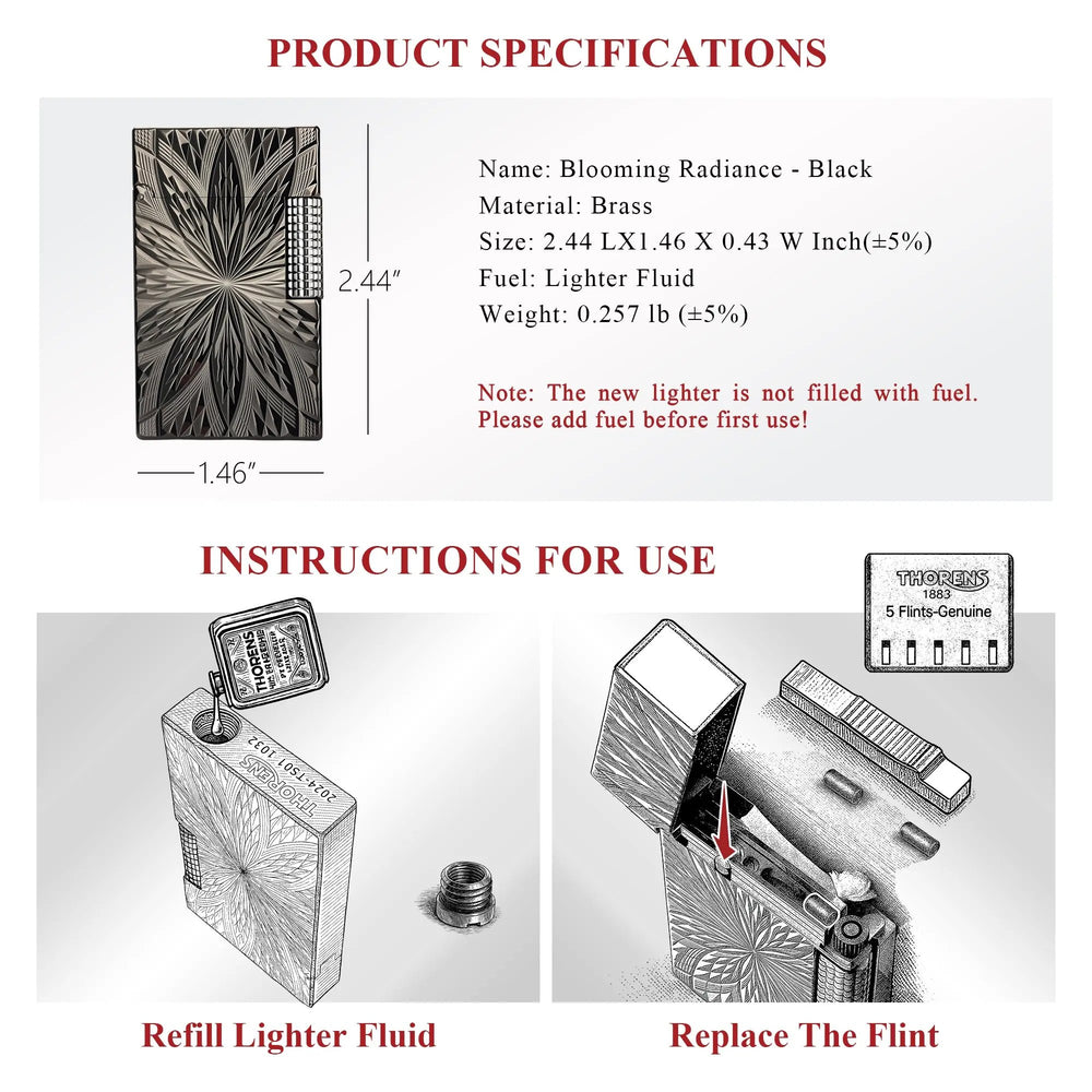 A technical datasheet for the Blooming Radiance black brass lighter, detailing its dimensions and weight alongside visual diagrams for refilling lighter fluid and replacing the flint.