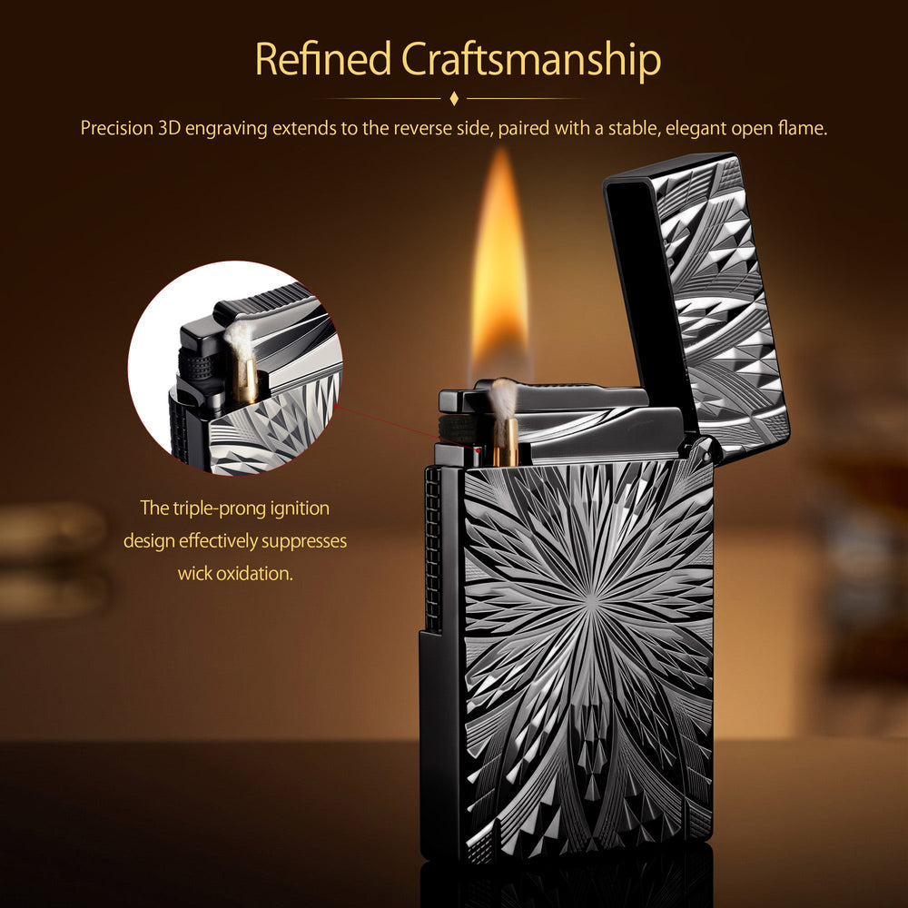 A technical datasheet for the Blooming Radiance black brass lighter, detailing its dimensions and weight alongside visual diagrams for refilling lighter fluid and replacing the flint.