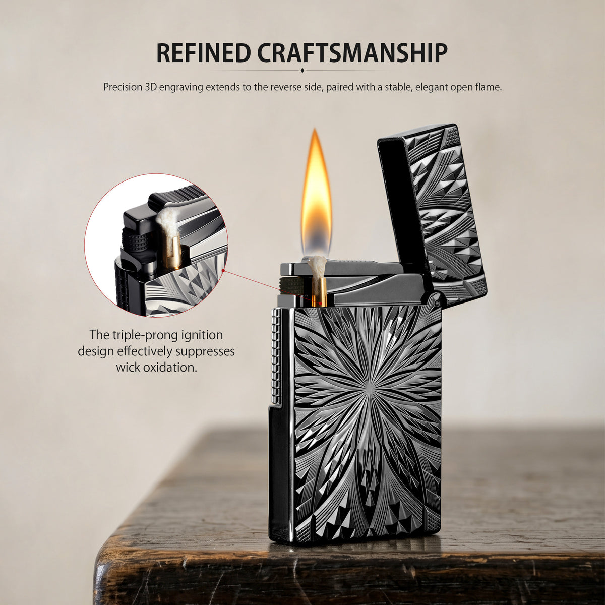 A technical datasheet for the Blooming Radiance black brass lighter, detailing its dimensions and weight alongside visual diagrams for refilling lighter fluid and replacing the flint.