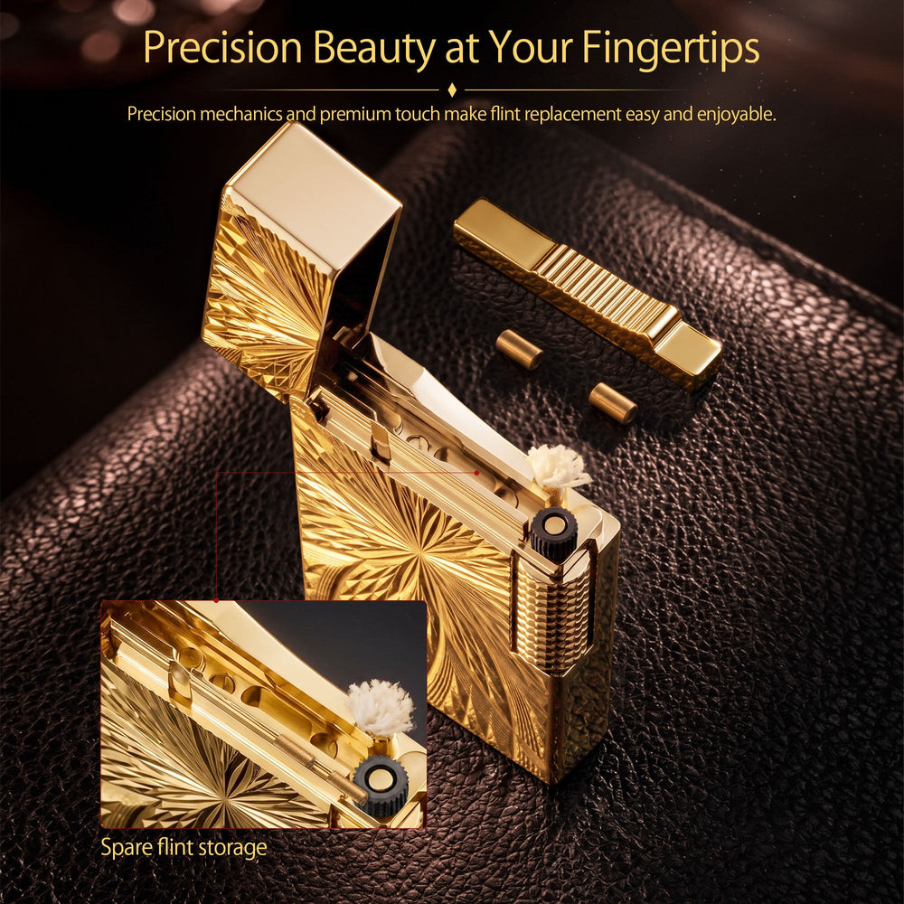 A Thorens Blooming Radiance gold-plated lighter resting on a dark leather surface, showcasing the deep-etched floral geometry and high-polish finish under warm lighting.
