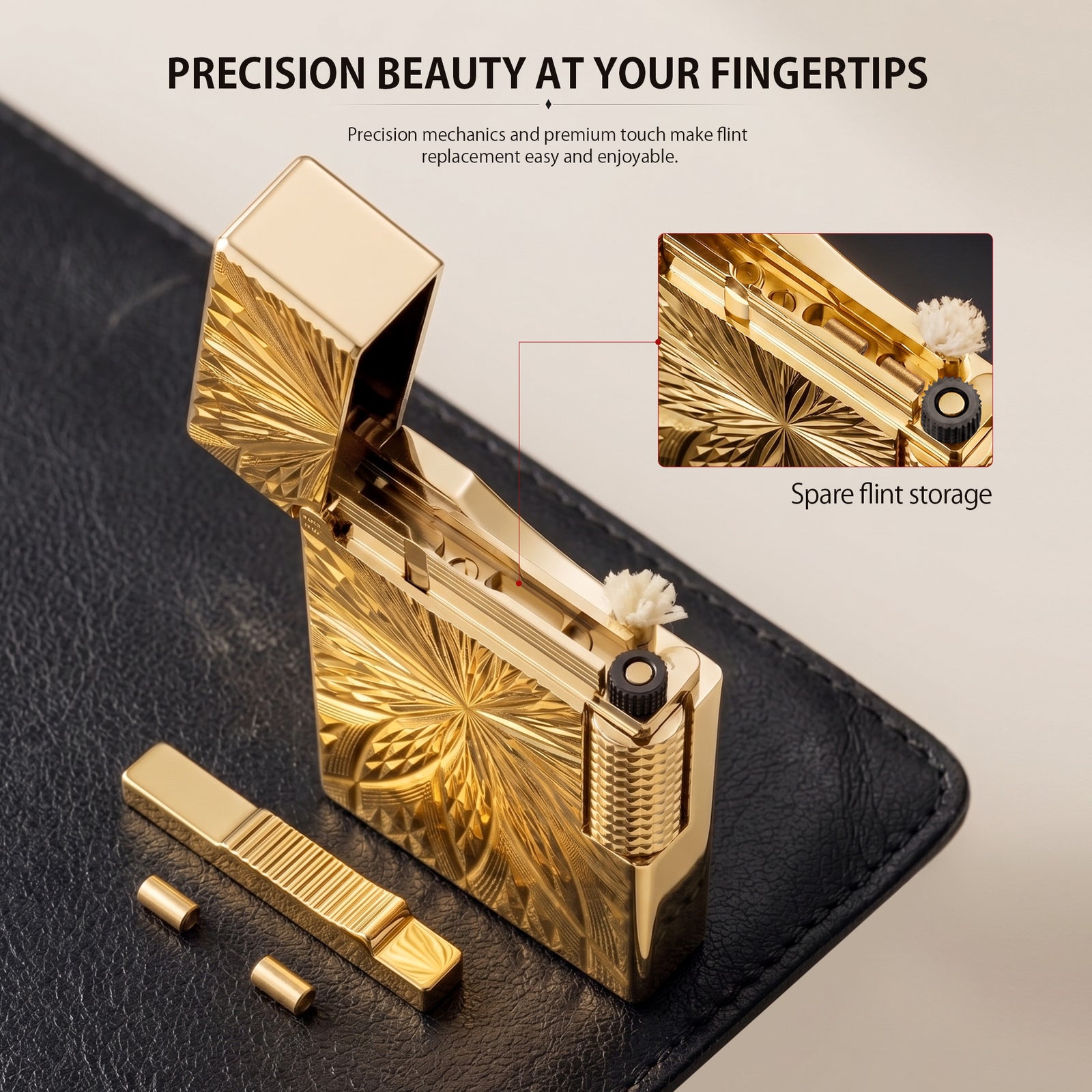 A Thorens Blooming Radiance gold-plated lighter resting on a dark leather surface, showcasing the deep-etched floral geometry and high-polish finish under warm lighting.