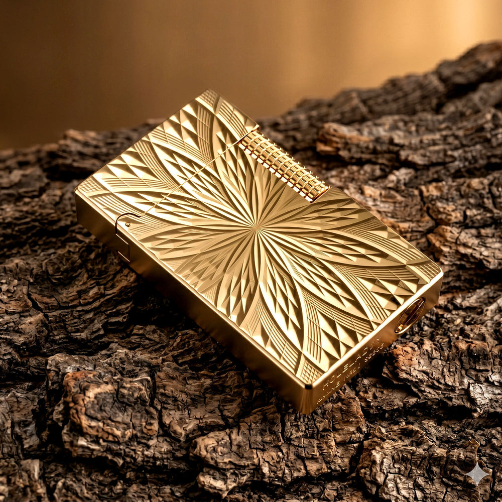 A front-facing showcase of the Thorens Blooming Radiance gold lighter, featuring a brilliant 18k gold-plated finish with intricate symmetrical floral engravings and a textured side roller.