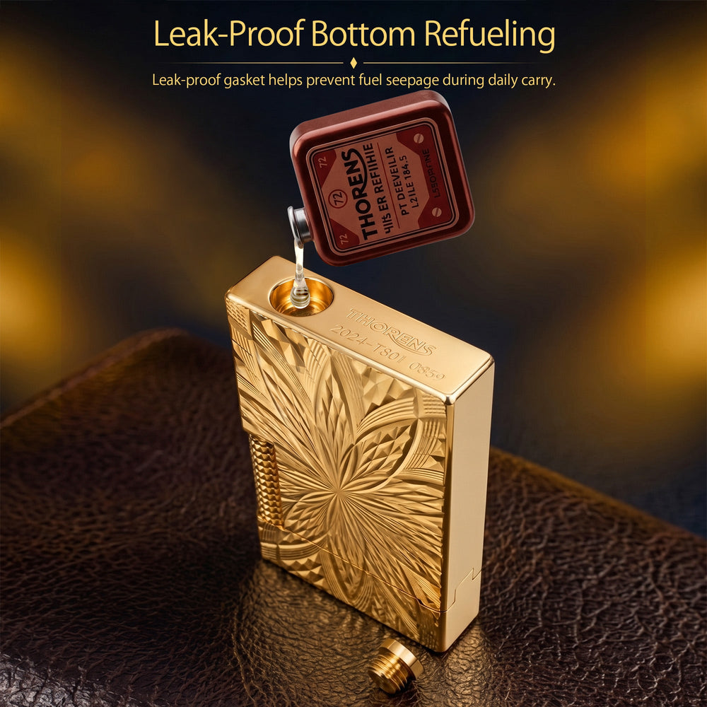 An ignited Thorens Blooming Radiance gold brass lighter with its open lid, showing a warm flame and subtle mechanical sparks against the intricately engraved symmetrical floral pattern.