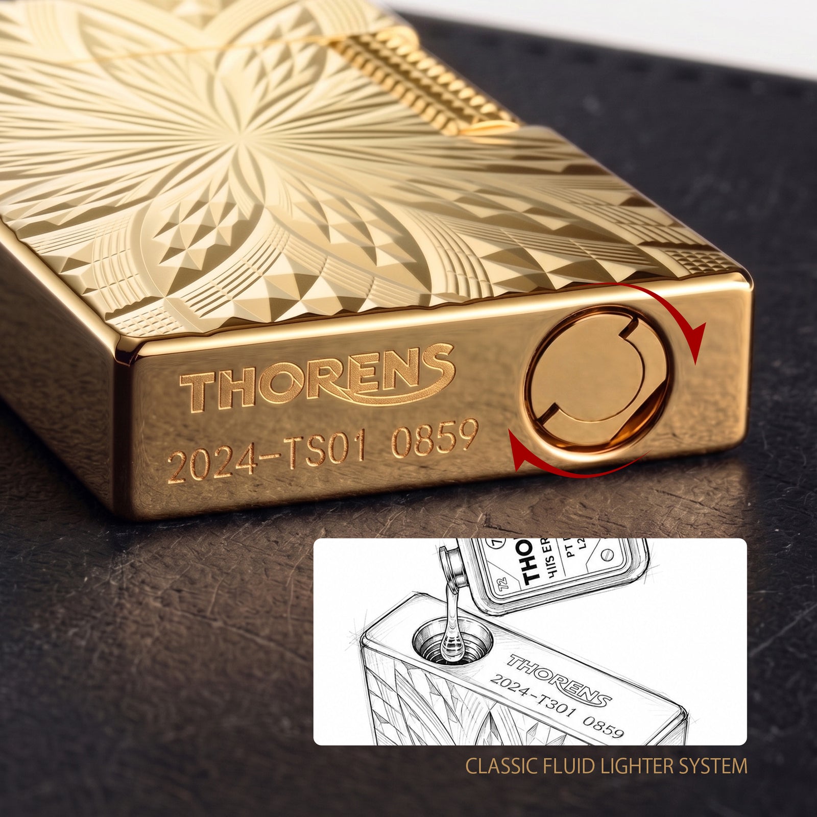 An ignited Thorens Blooming Radiance gold brass lighter with its open lid, showing a warm flame and subtle mechanical sparks against the intricately engraved symmetrical floral pattern.