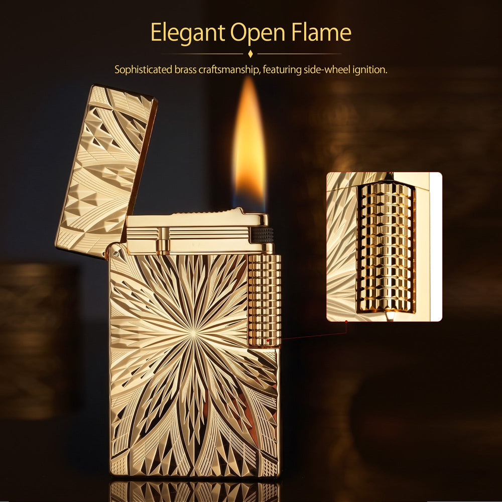 An ignited Blooming Radiance gold-plated lighter with an open lid, showcasing a warm, steady flame and mechanical sparks against the brilliant, floral-engraved gold body.