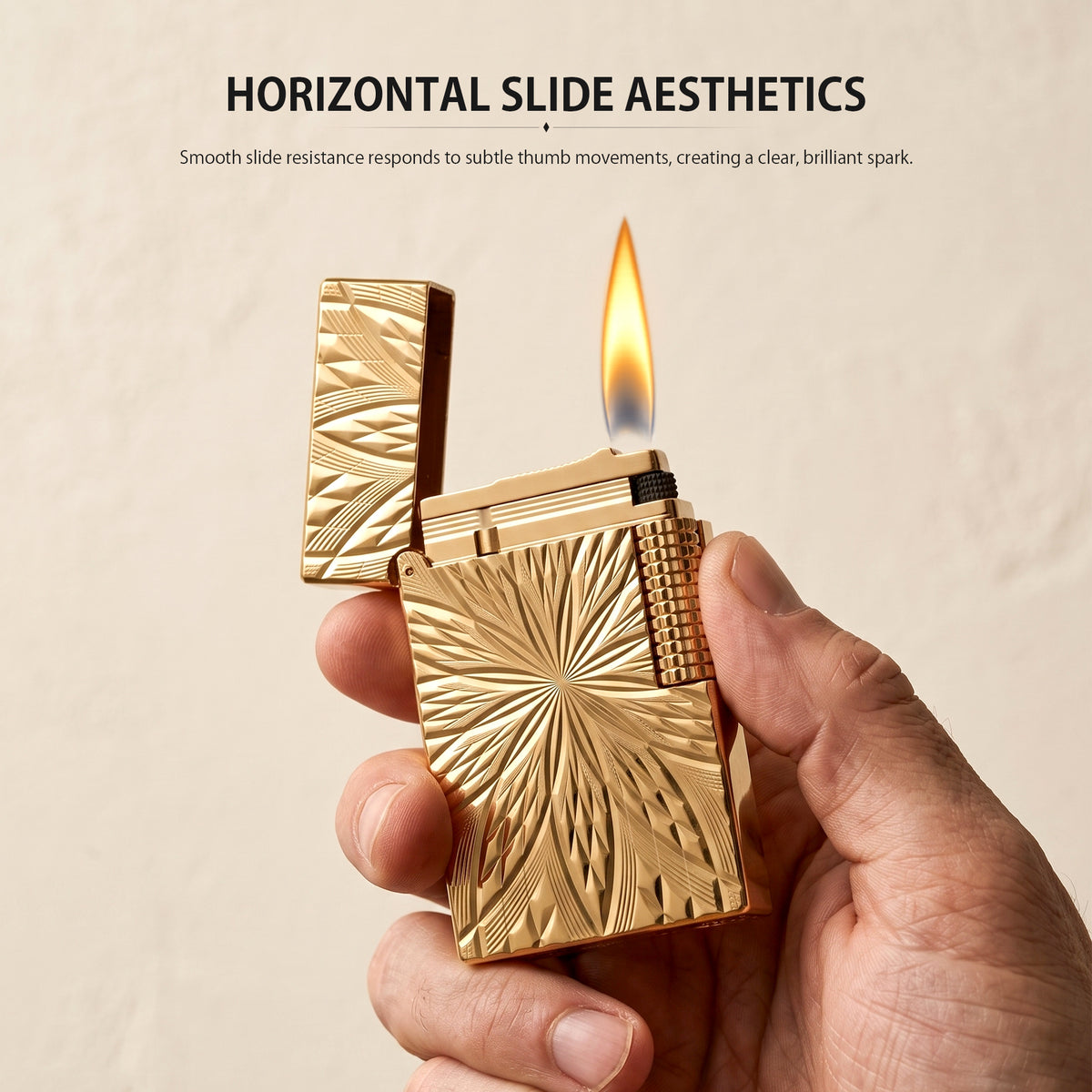 An ignited Blooming Radiance gold-plated lighter with an open lid, showcasing a warm, steady flame and mechanical sparks against the brilliant, floral-engraved gold body.