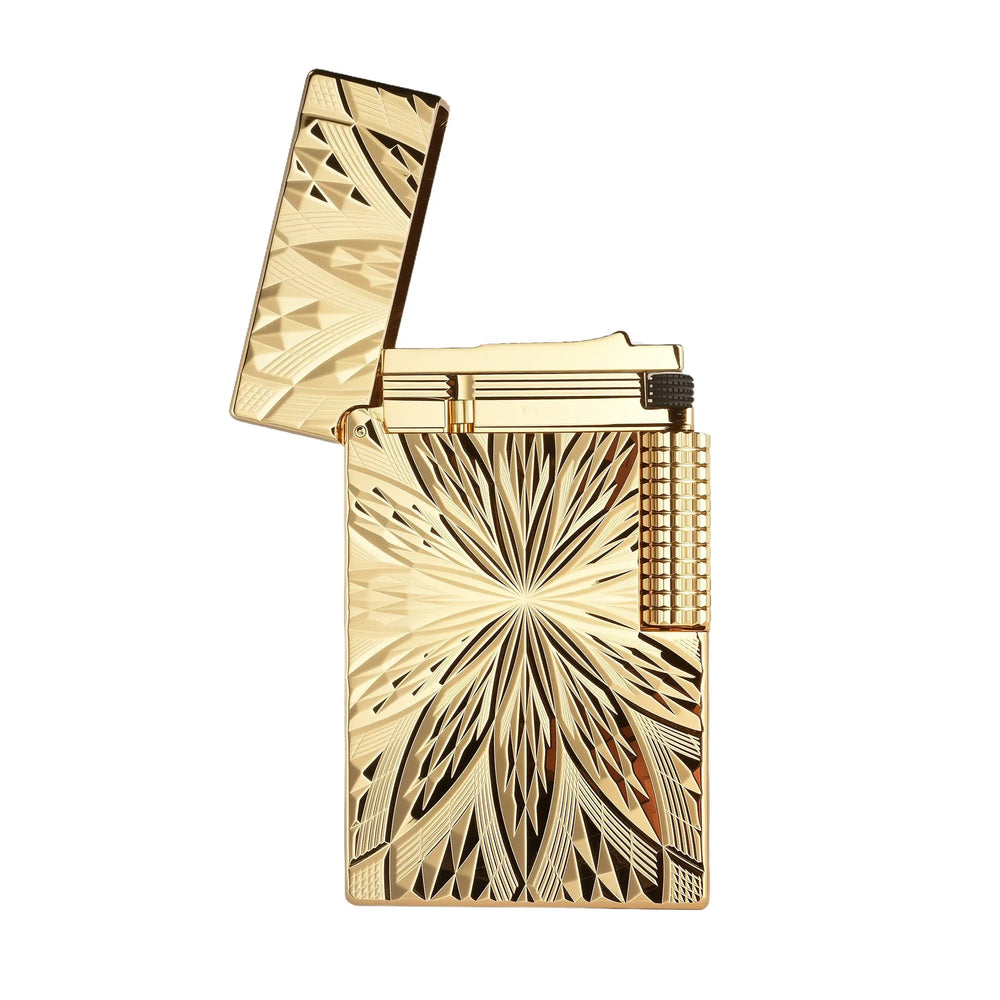 A high-definition shot of the Blooming Radiance gold-plated lighter with the cap open, showcasing the mechanical interior and the brilliant light reflection off the geometric floral engravings.
