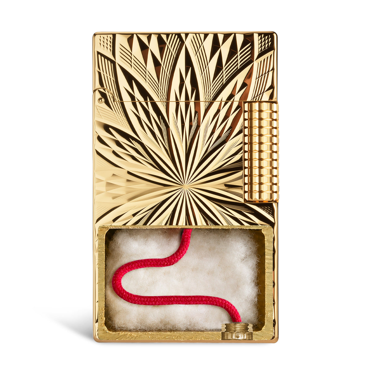 A high-definition shot of the Blooming Radiance gold-plated lighter with the cap open, showcasing the mechanical interior and the brilliant light reflection off the geometric floral engravings.