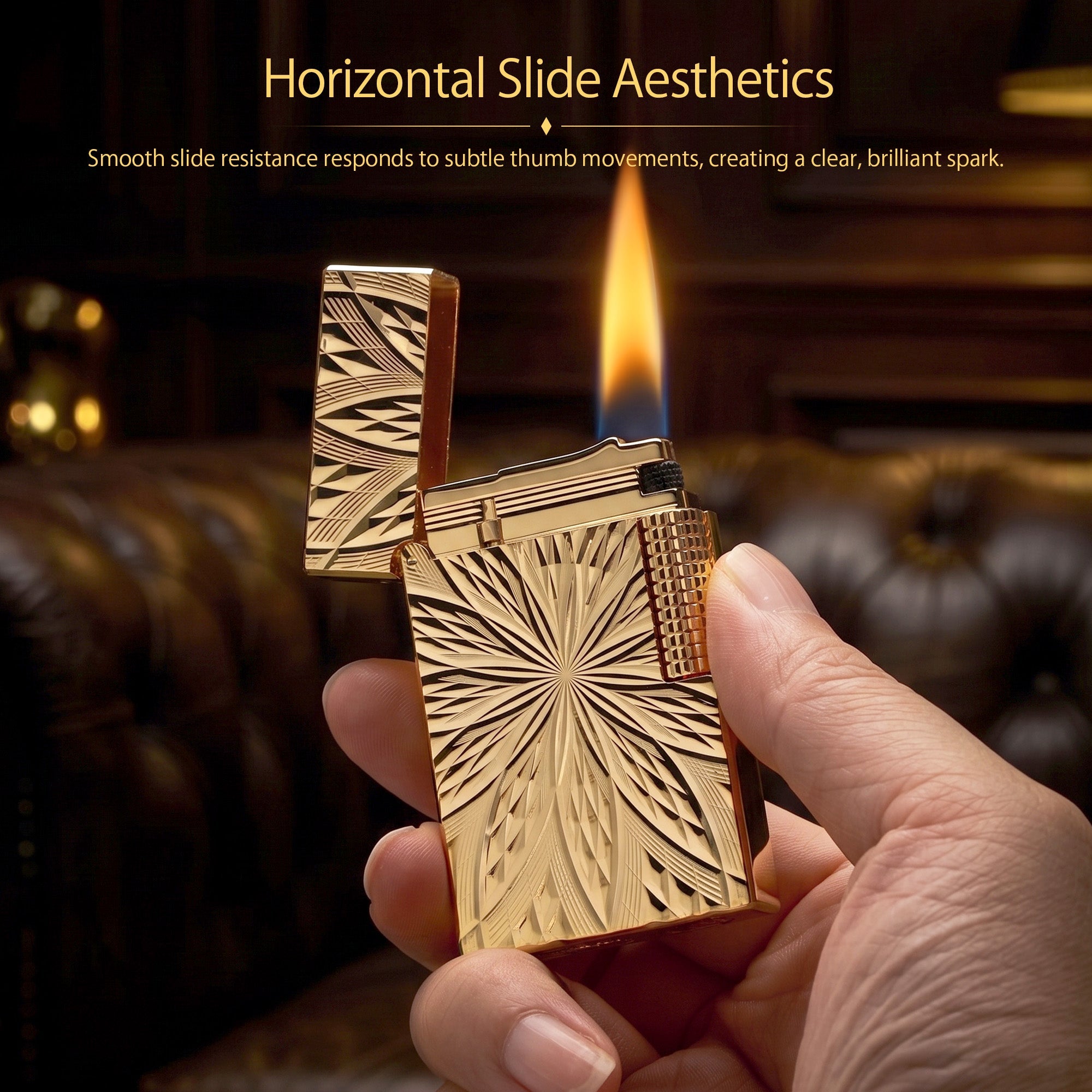 A high-definition shot of the Blooming Radiance gold-plated lighter with the cap open, showcasing the mechanical interior and the brilliant light reflection off the geometric floral engravings.