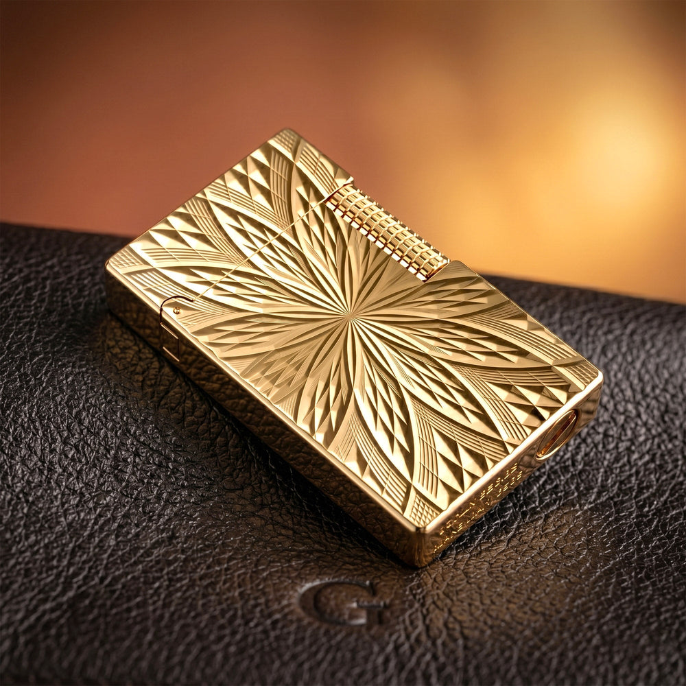 A complete packaging overview for the Blooming Radiance gold edition, including the red Thorens gift box, replacement flints, spare wicks, and the Swiss artisanship user manual.
