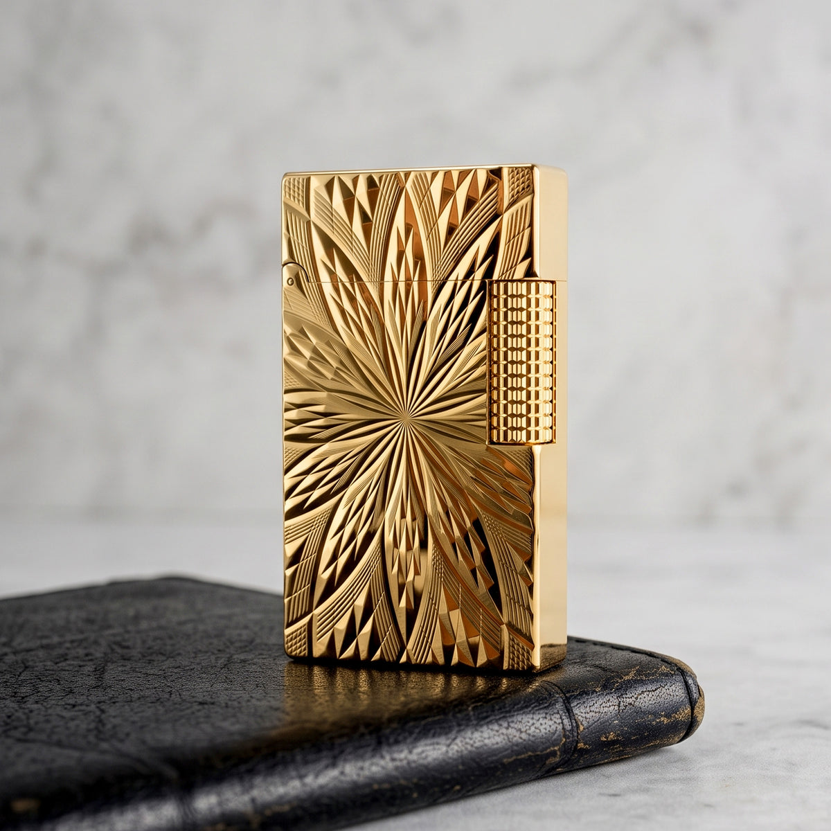 A complete packaging overview for the Blooming Radiance gold edition, including the red Thorens gift box, replacement flints, spare wicks, and the Swiss artisanship user manual.