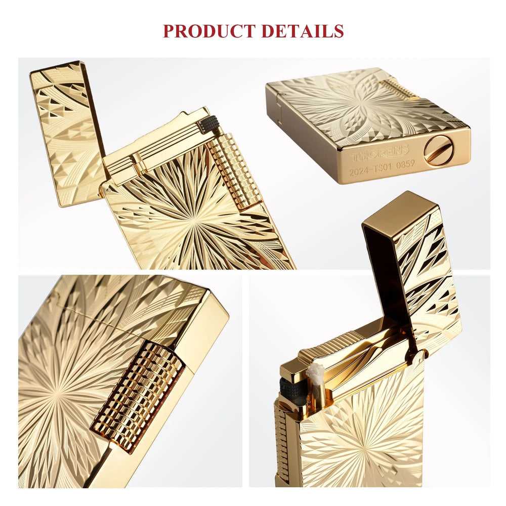 A collage of close-up shots for the Blooming Radiance gold lighter, showcasing the open lid, side roller, engraved floral pattern, and bottom serial number.