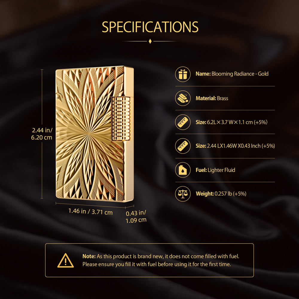 A collage of close-up shots for the Blooming Radiance gold lighter, showcasing the open lid, side roller, engraved floral pattern, and bottom serial number.