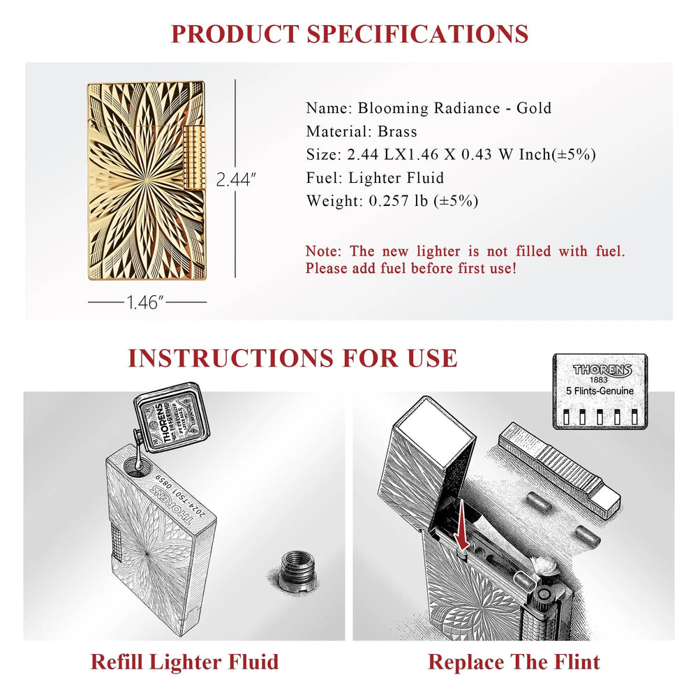 A technical data sheet for the Blooming Radiance gold brass lighter, outlining its dimensions and weight alongside visual instructions for refilling lighter fluid and flint replacement.