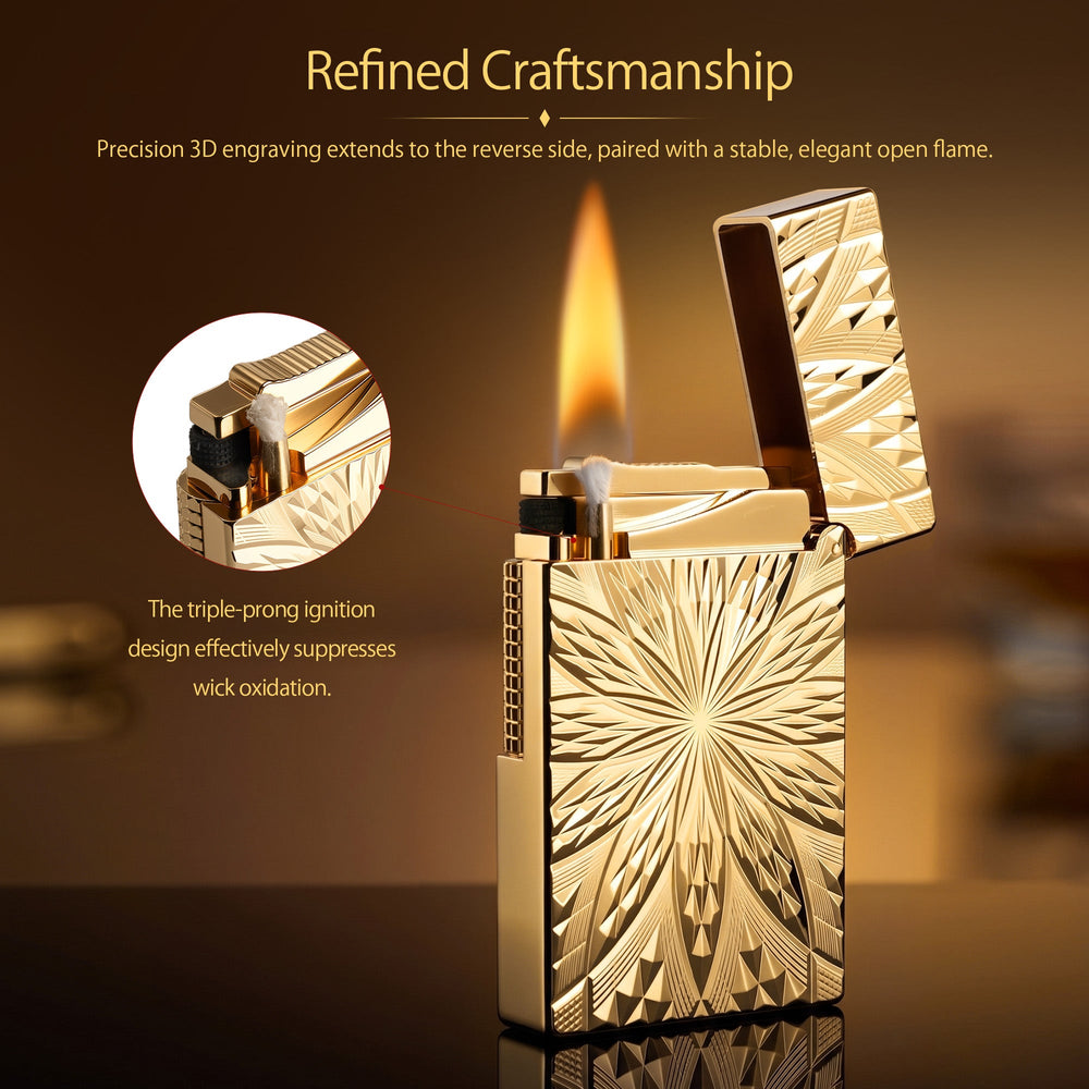 A technical data sheet for the Blooming Radiance gold brass lighter, outlining its dimensions and weight alongside visual instructions for refilling lighter fluid and flint replacement.