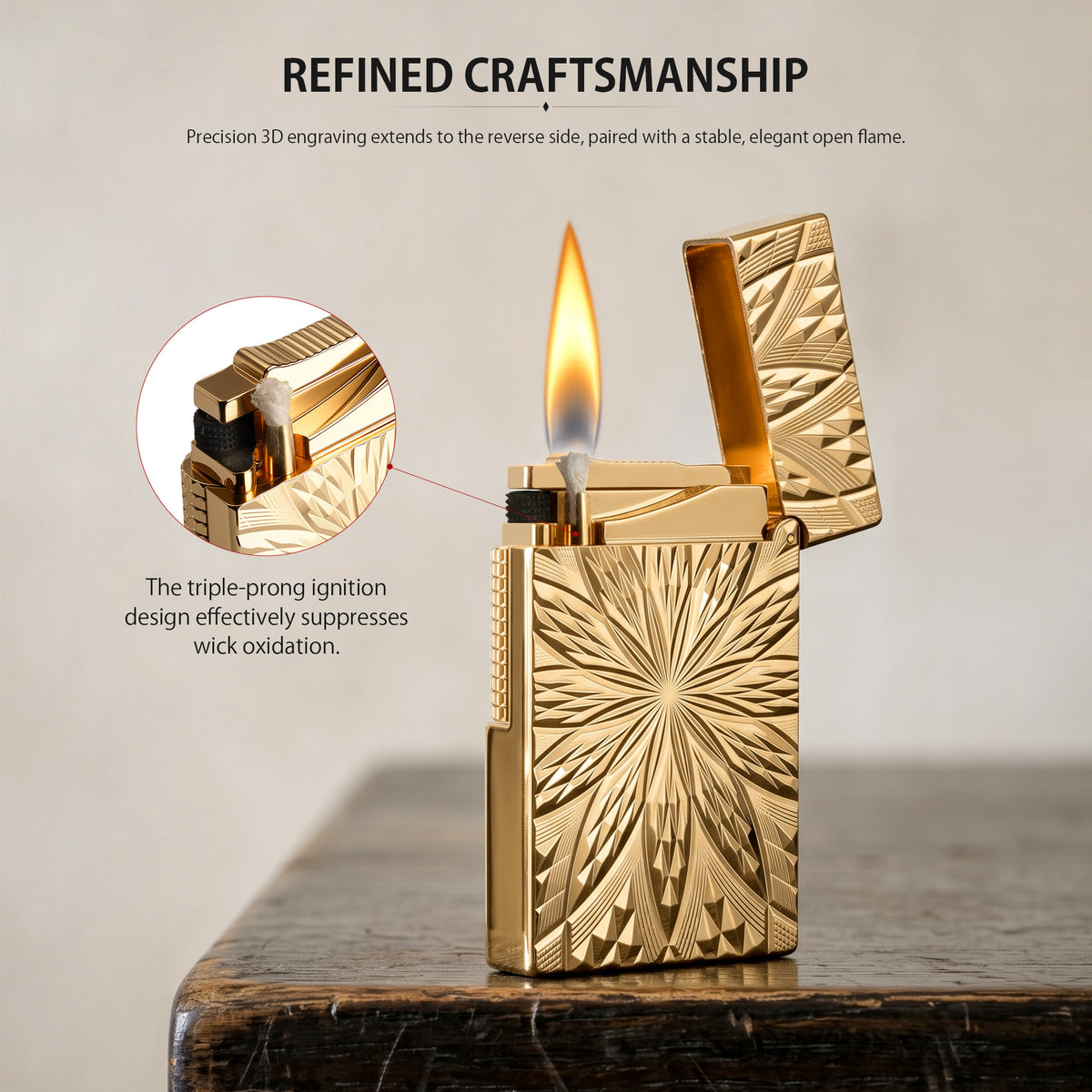 A technical data sheet for the Blooming Radiance gold brass lighter, outlining its dimensions and weight alongside visual instructions for refilling lighter fluid and flint replacement.