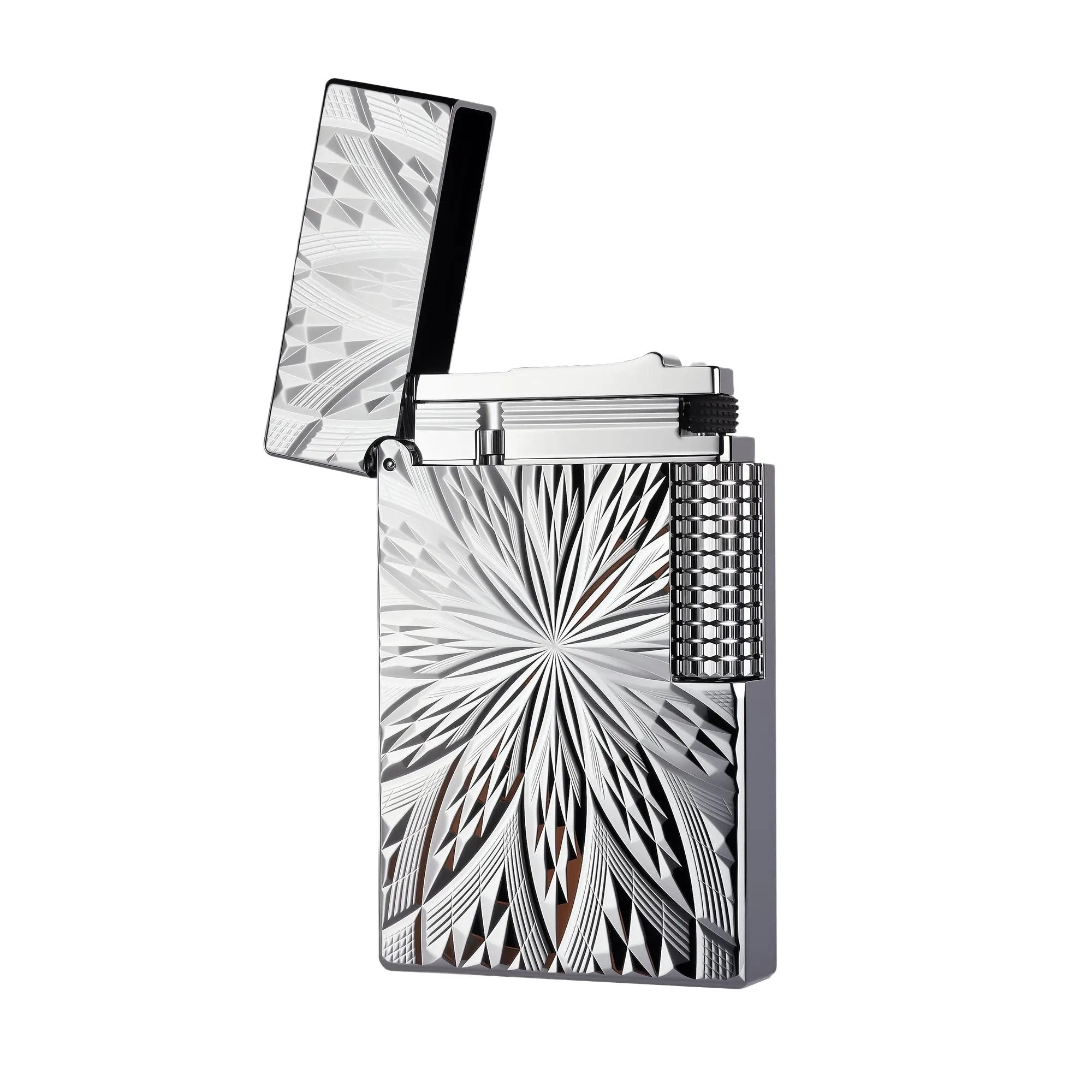 A Thorens Blooming Radiance Silver lighter with an open lid, showcasing the high-polish finish and deep-etched radial floral patterns on the brass body.