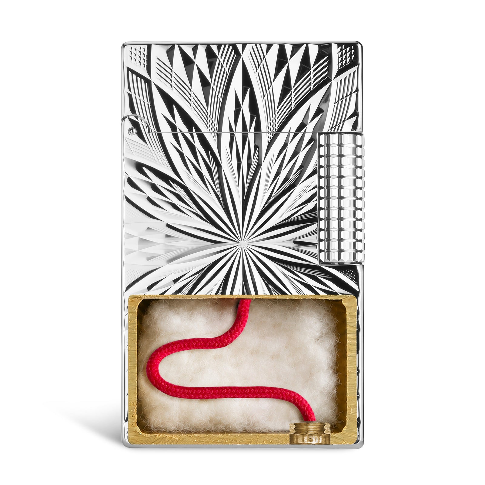 A Thorens Blooming Radiance Silver lighter with an open lid, showcasing the high-polish finish and deep-etched radial floral patterns on the brass body.
