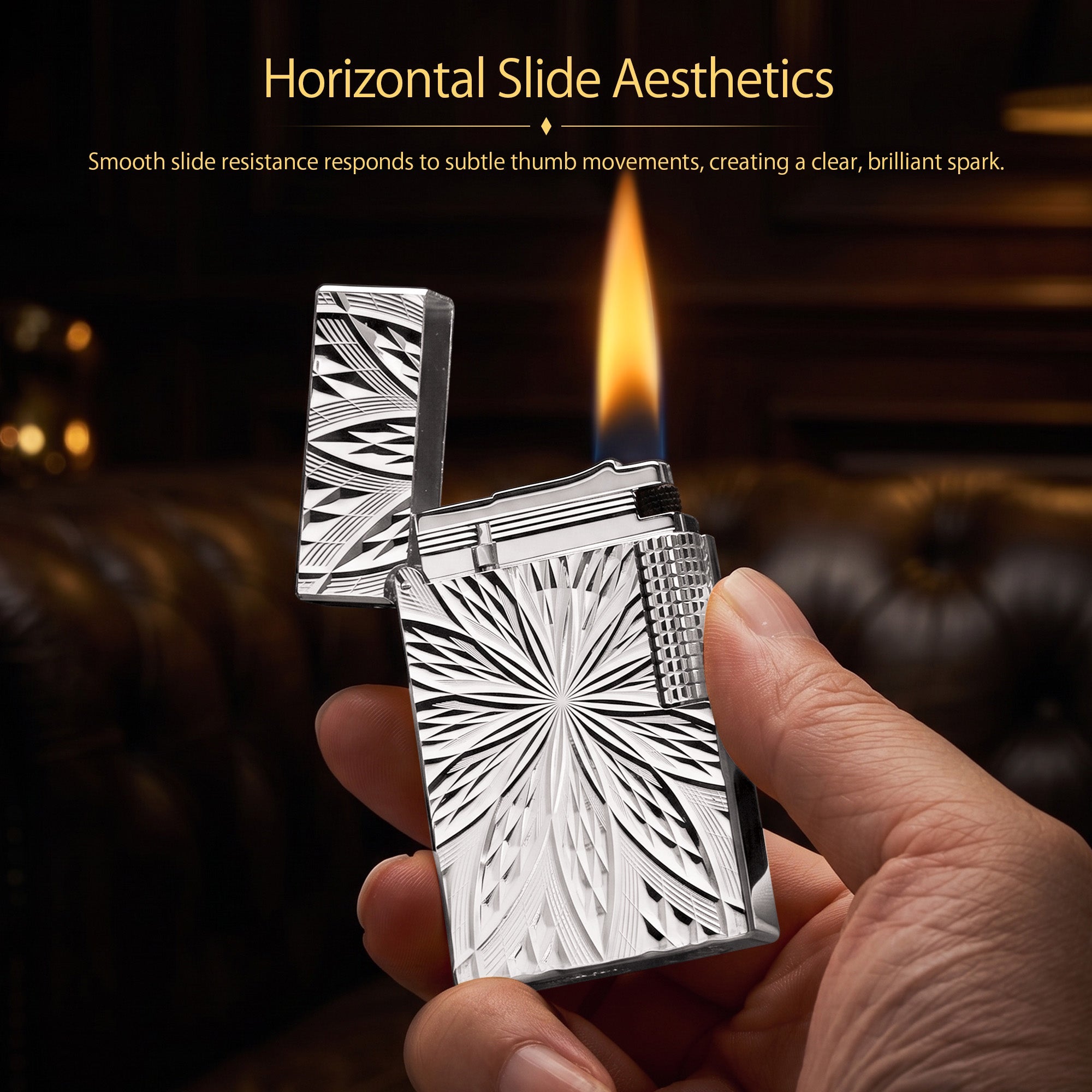 A Thorens Blooming Radiance Silver lighter with an open lid, showcasing the high-polish finish and deep-etched radial floral patterns on the brass body.
