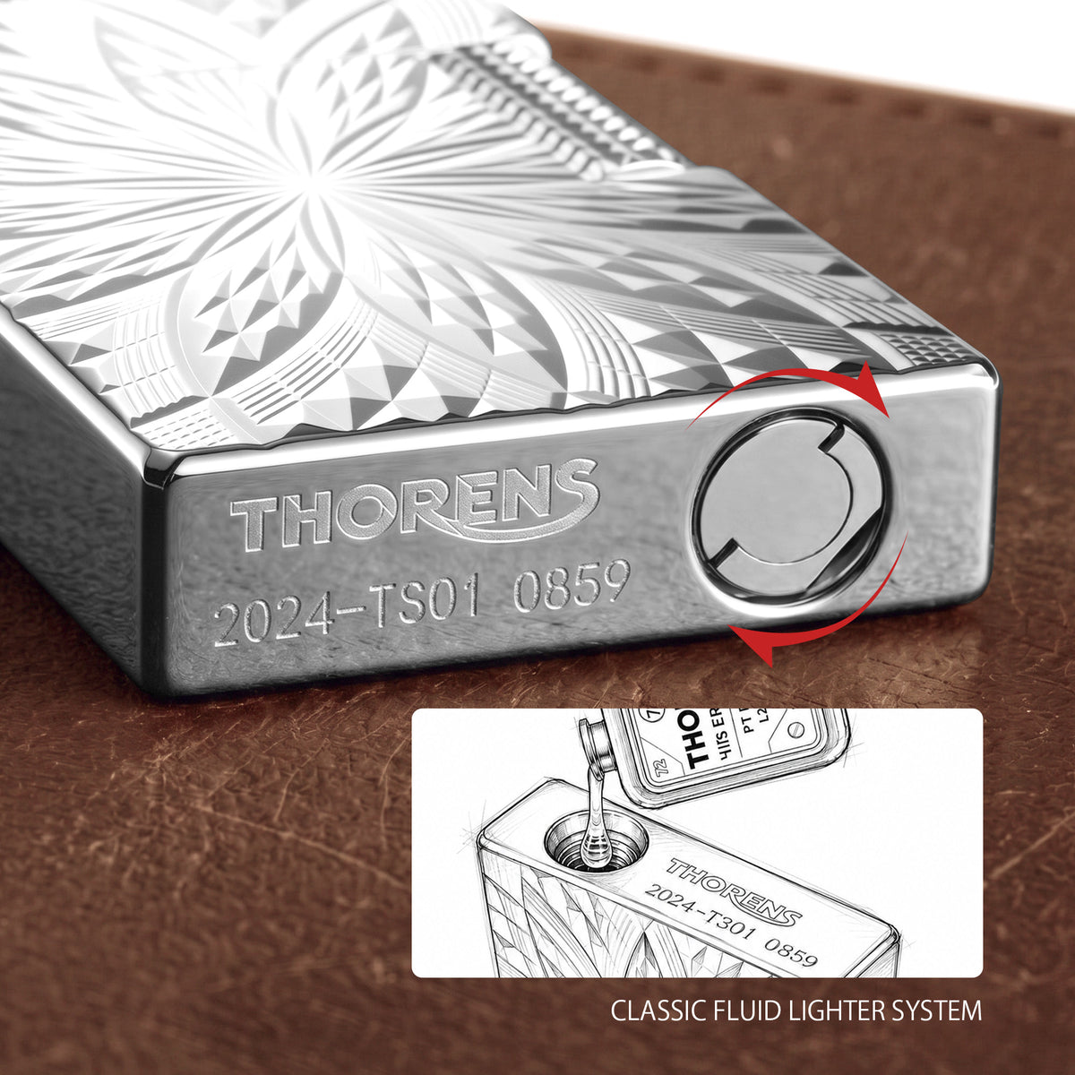 A close-up view of the Thorens Blooming Radiance silver lighter lying on its side, highlighting the polished finish, deep geometric engravings, and the branded bottom plate with its serial number.