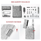 An exploded view diagram of the Thorens Blooming Radiance Silver lighter's intricate metal components and engraved panels, with a section on the ignition method.